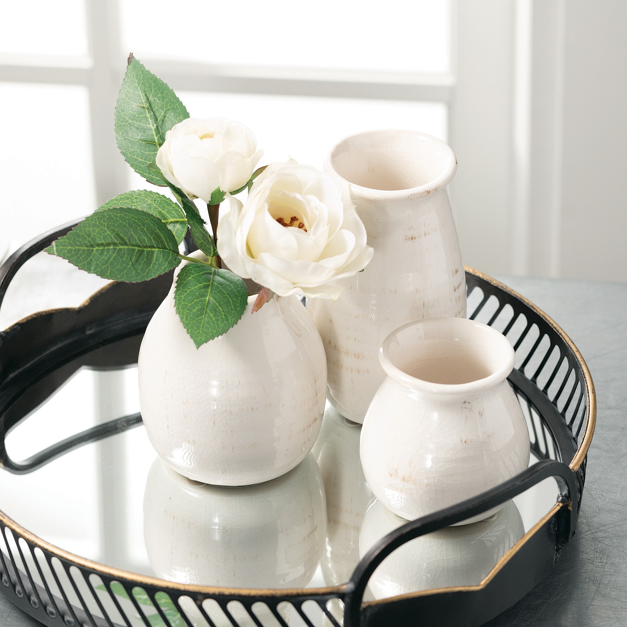Petite Ceramic Bud Vases Set, Off-White, Modern Farmhouse Design