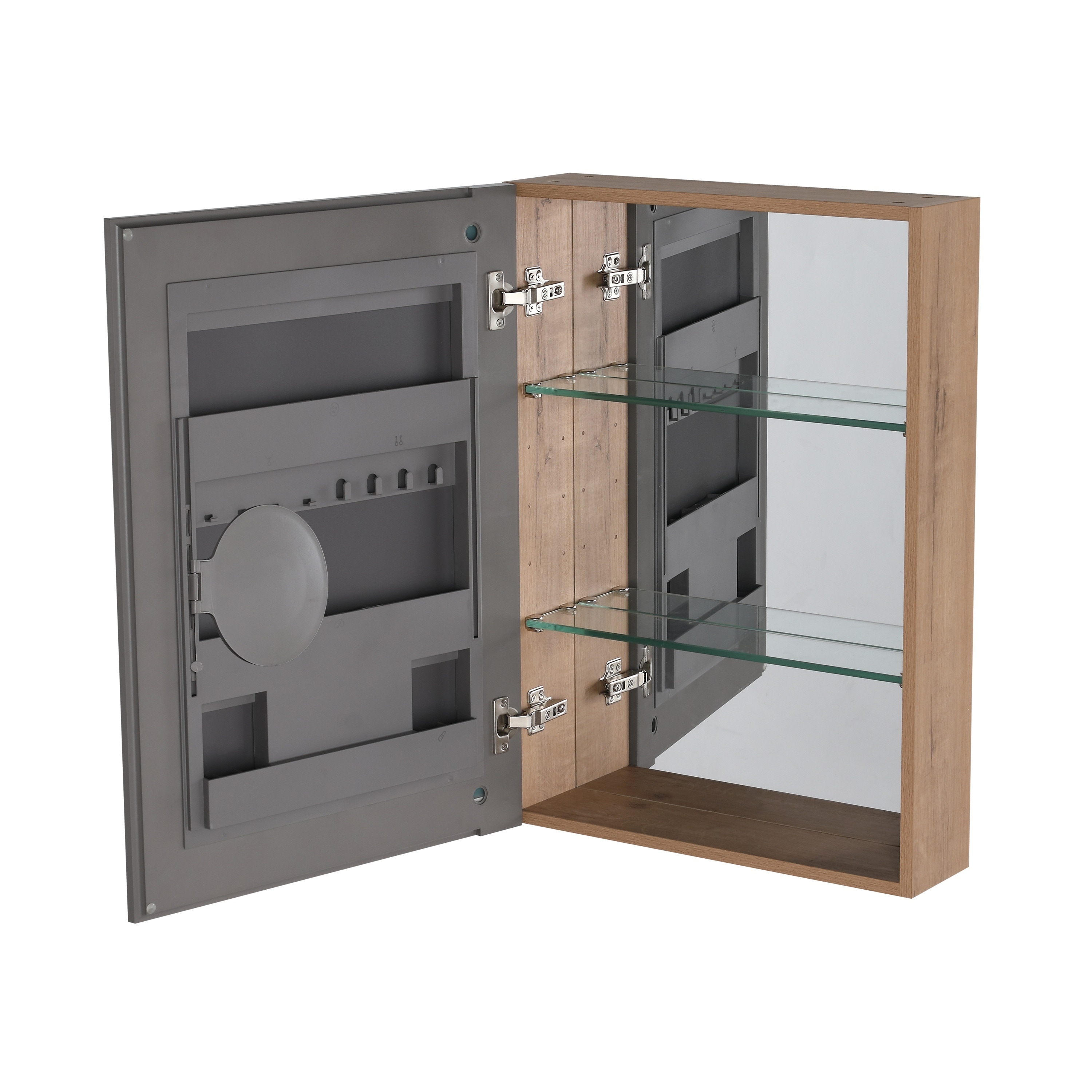 LIVACA 20 inch Imitative Oak Plywood Wall Mounted Medicine Cabinet with Mirror Door and Adjustable Glass Shelves