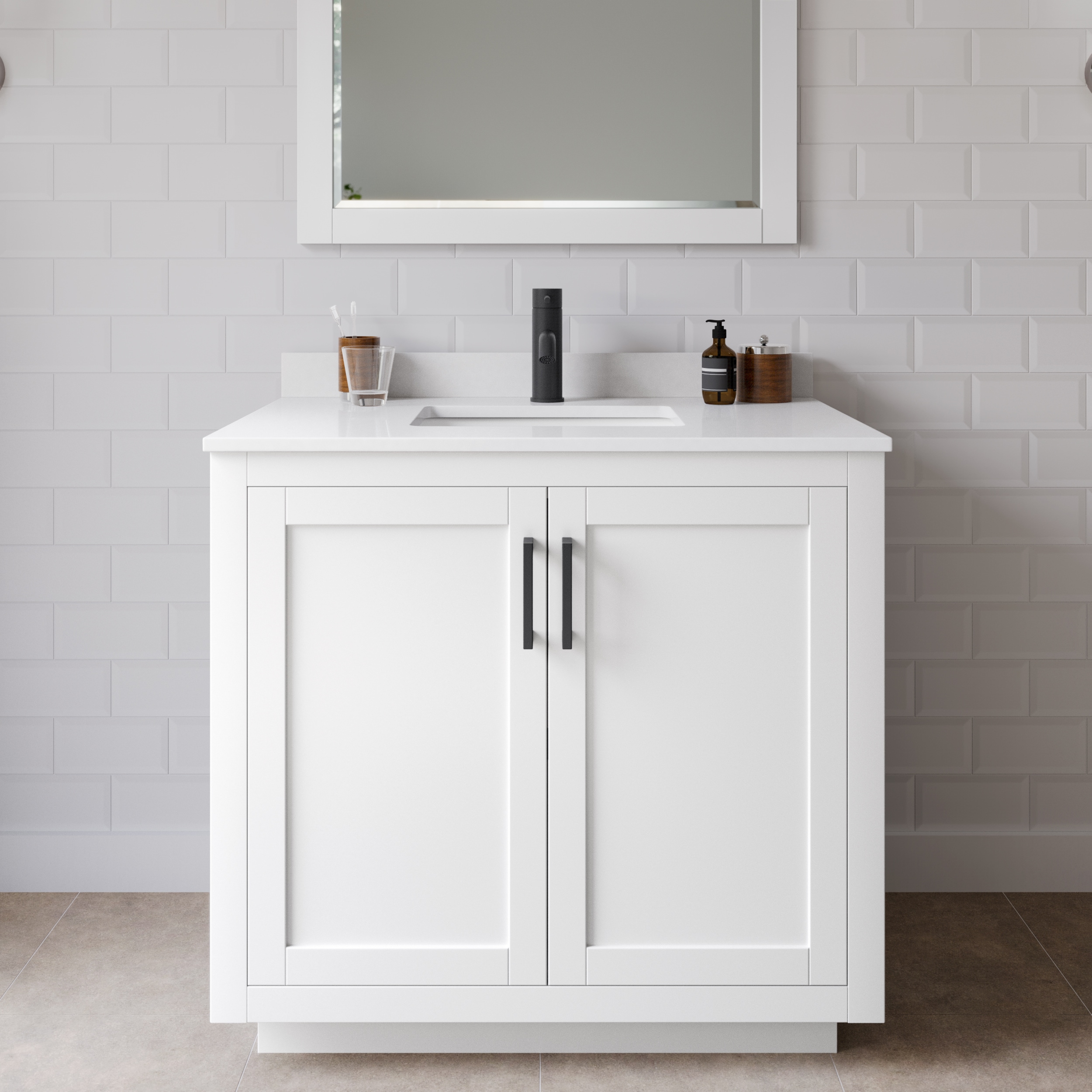 Wyndham Collection WCF292936SWBWCUNSM34 Miranda 36-in White with Matte Black Trim Undermount Single sink Bathroom Vanity with White Cultured Marble Cultured marble Top (Mirror Included)