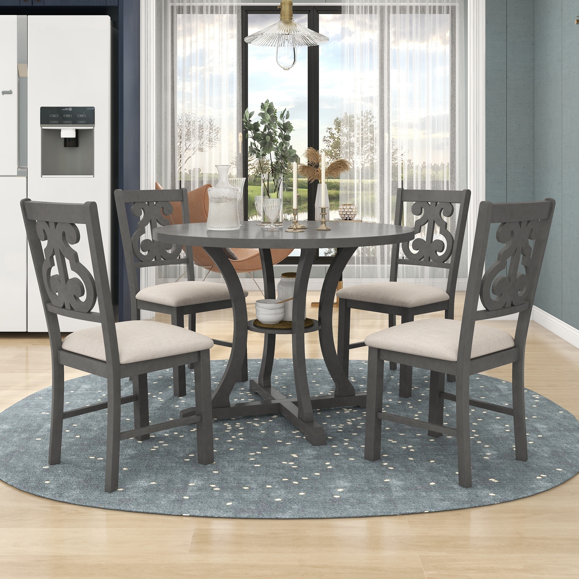ModernLuxe ST000056AAE 5Piece Round Dining Table and Chair Set with Specialshaped Legs and an Exquisitely Designed Hollow Chair Back for Dining Room Gray