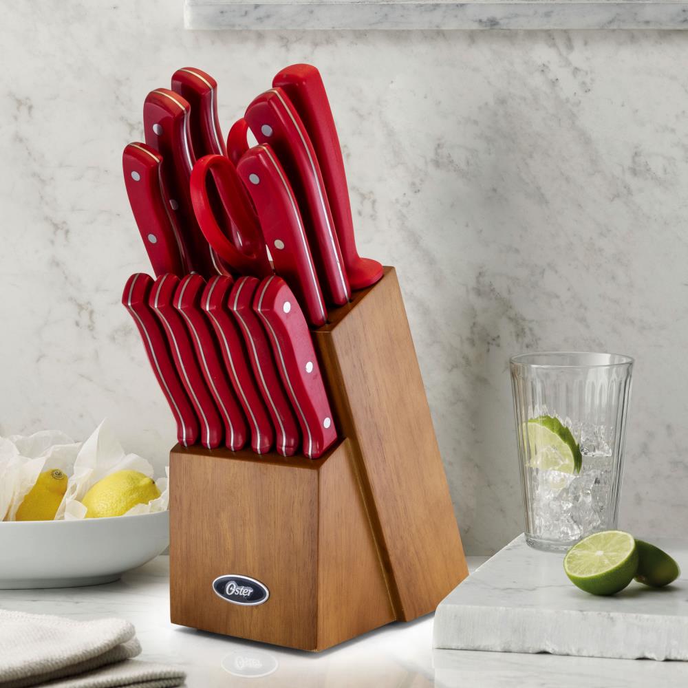 Oster Evansville 14 Piece Red Handle Cutlery Set - Stainless Steel Blades,  Ergonomic Handles, Full Tang - Knife Set with Block in the Cutlery  department at
