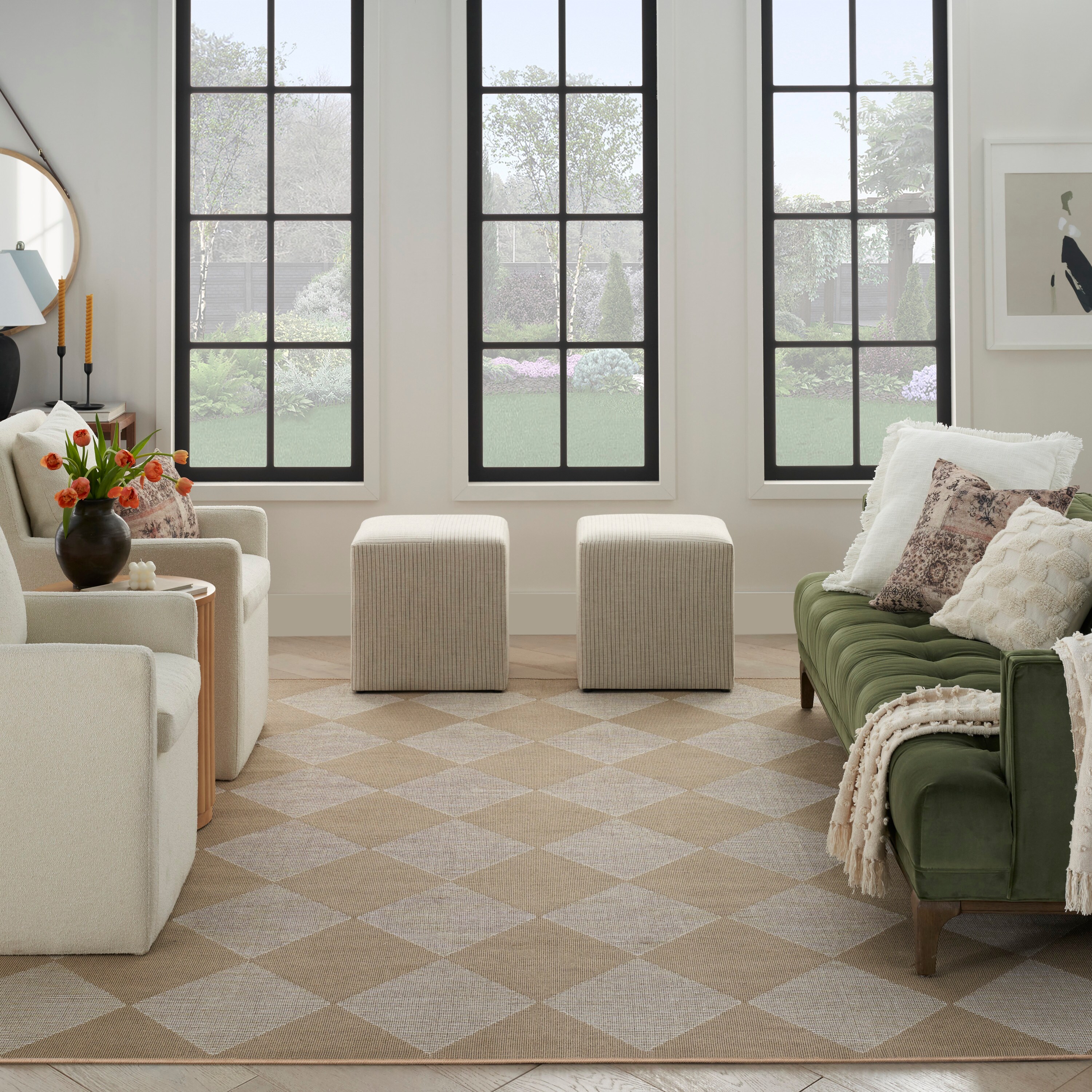 Ivory and Beige Geometric Cotton Blend Washable Rug 5' x 7'
