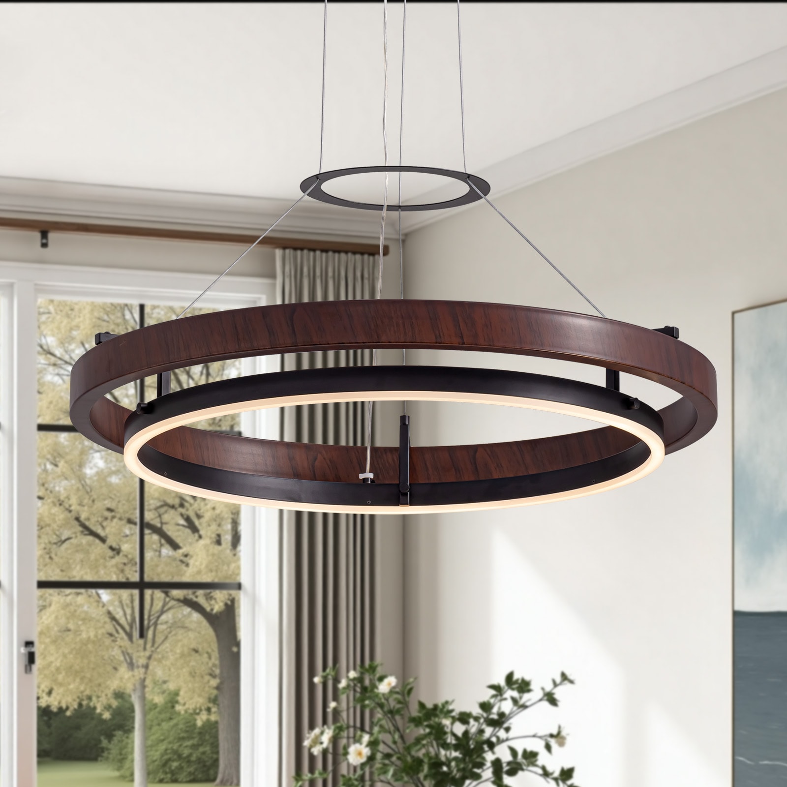 SILJOY 23.6-In Double Ring LED Chandelier Single LED Strip Dimmable 3000K to 6500K Remote Control Adjustable Height for Dining Room Kitchen Island Living Room