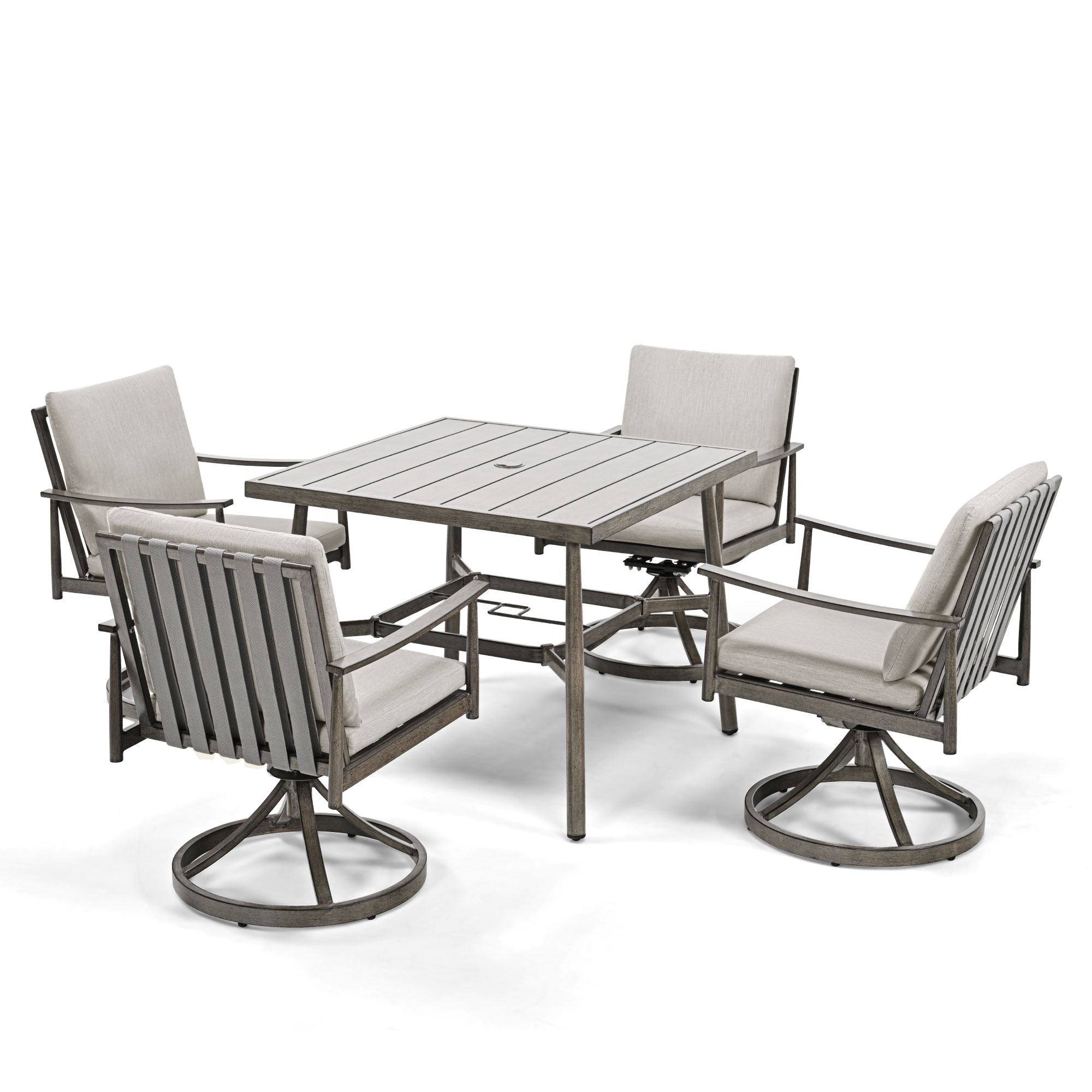  EL-CZ5-GG-B2-WL3 5 -Piece Gray Patio Dining Set Aluminum Square Table with 4 Gray Cushions Swivel Rocker Chairs