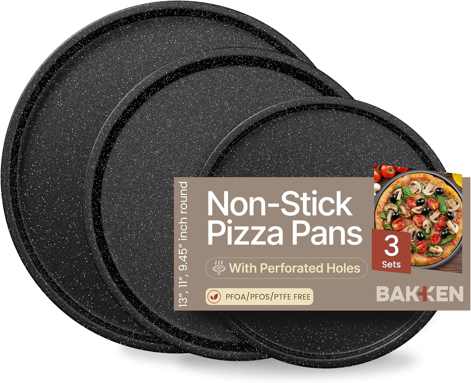 Bakken Swiss Gray Marble Non Stick Pizza Pans Set of 3 Carbon Steel Pizza Baking Trays 9.45 Inch 11.02 Inch 12.99 Inch Oven Safe Dishwasher Safe Stain Resistant Easy Cleanup PFOA PFOS PTFE Free
