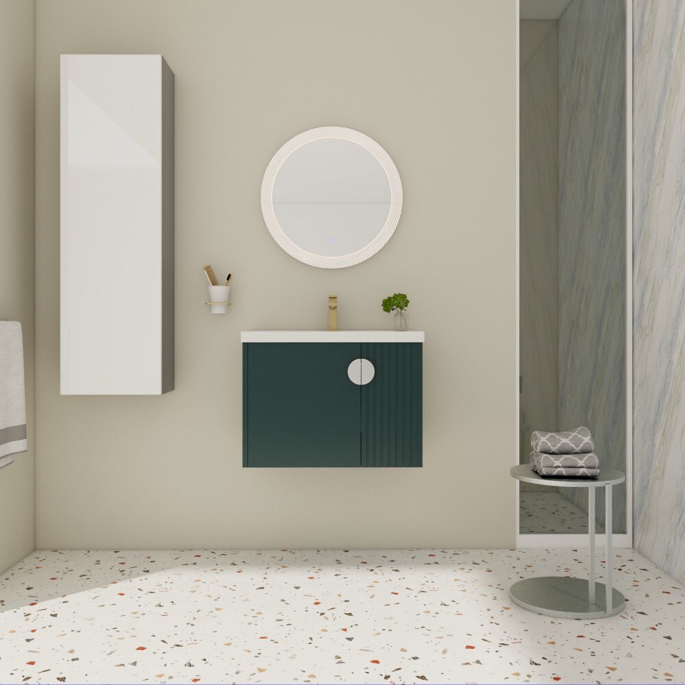 Basdien 28 in Green Modern Wall Mounted Floating Bathroom Vanity with Ceramic Sink Soft Close Doors Wave Panel Metal Handles Plywood Moisture Resistant Scratch Resistant Melamine Surface Easy Assembly Complete Set Kit for Small Bathroom Spaces