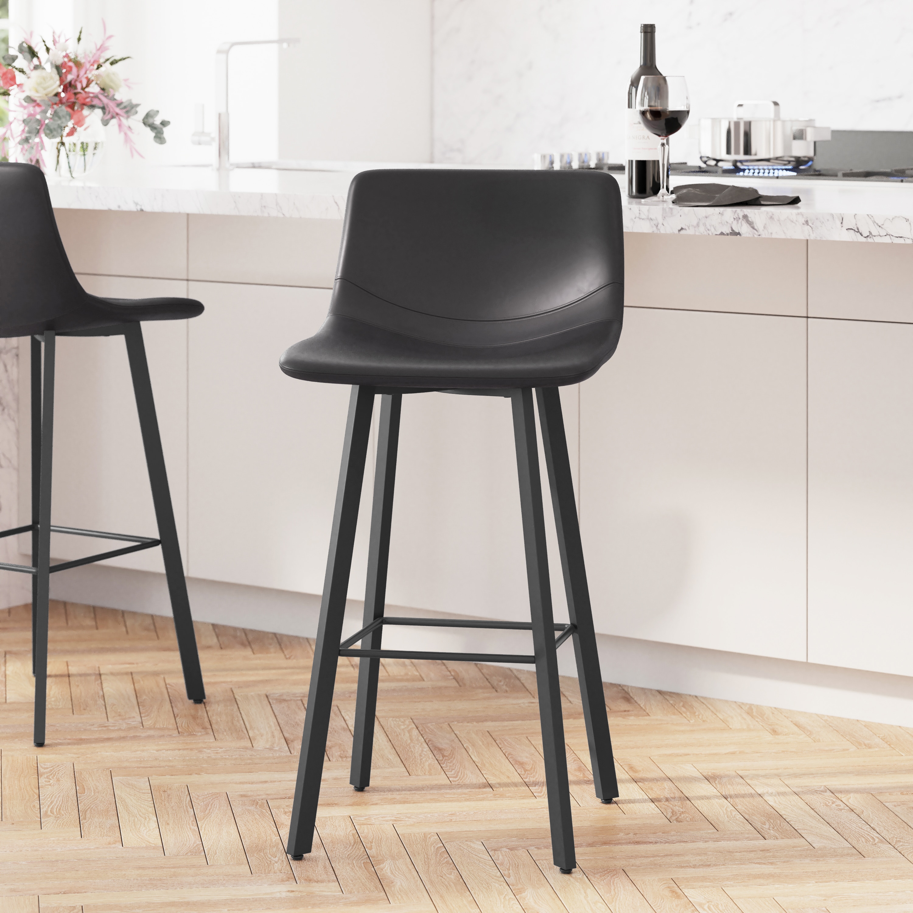 Merrick Lane - Oretha Set of 2 Modern Black Faux Leather Upholstered Bar Stools with Contoured; L...