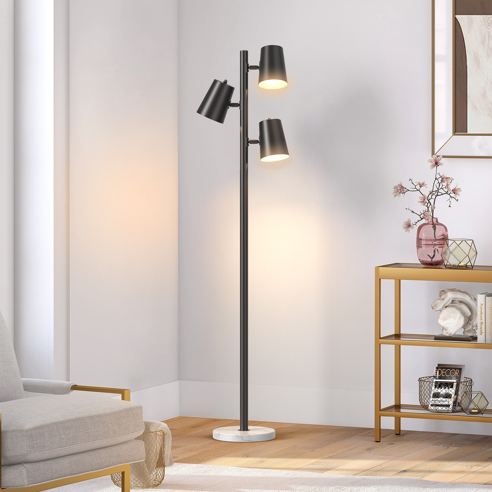 Black Metal and Marble Adjustable Multi-head Floor Lamp