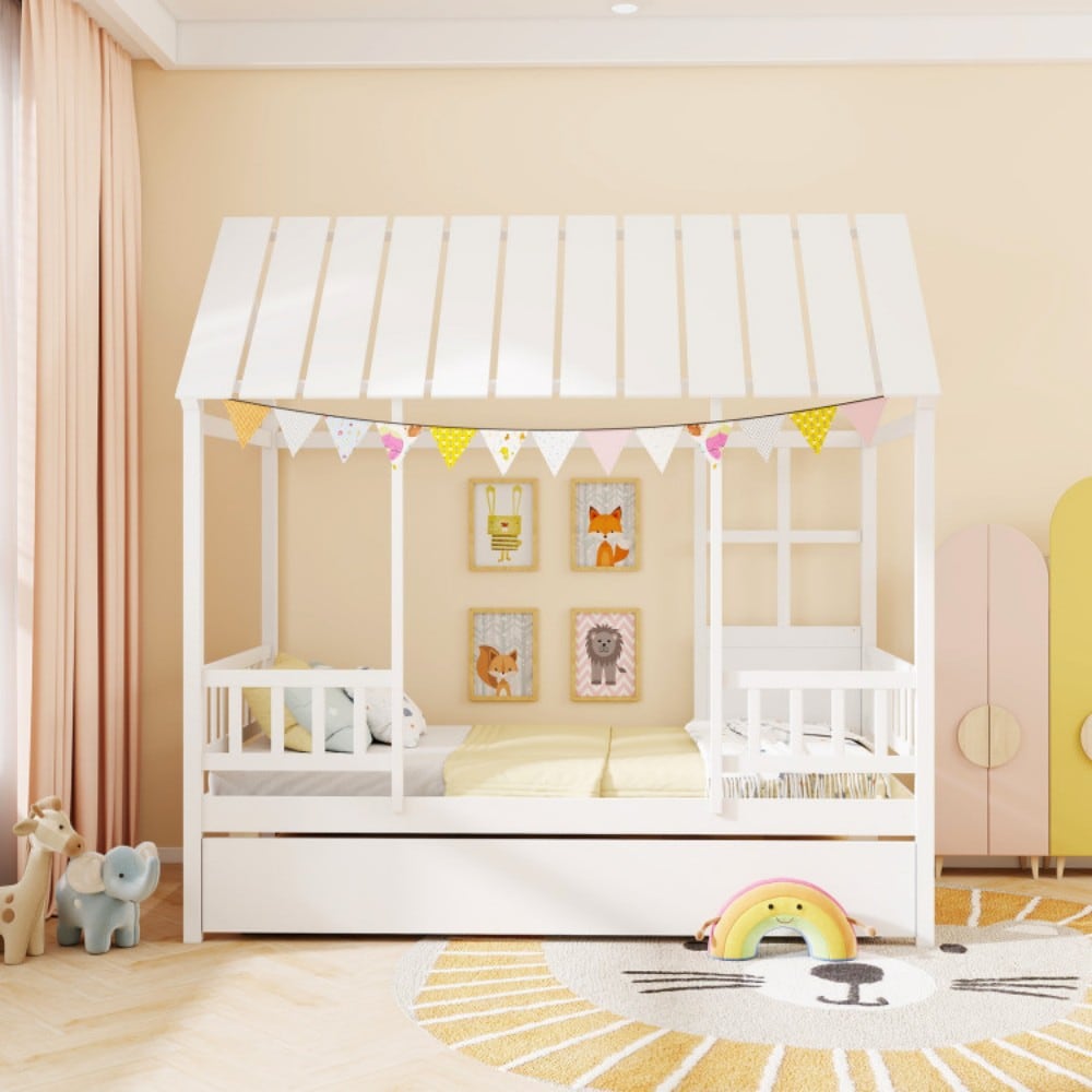 Fenbeli Twin House Bed with Pull Out Trundle Wooden Frame High ...