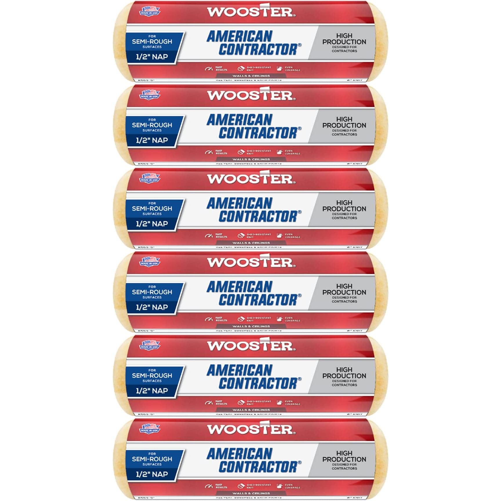 Wooster R363-9-6PK Genuine 6 pack of 9in American Contractor 1/2in Nap Roller Cover R363-9-6PK