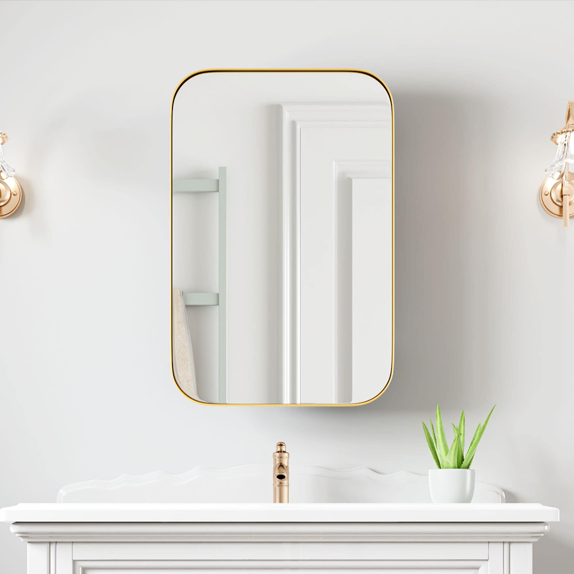 Wooakway 24in.Wx16in.H Gold Rectangle Bathroom Wall Cabinet with Mirror Medicine Cabinets