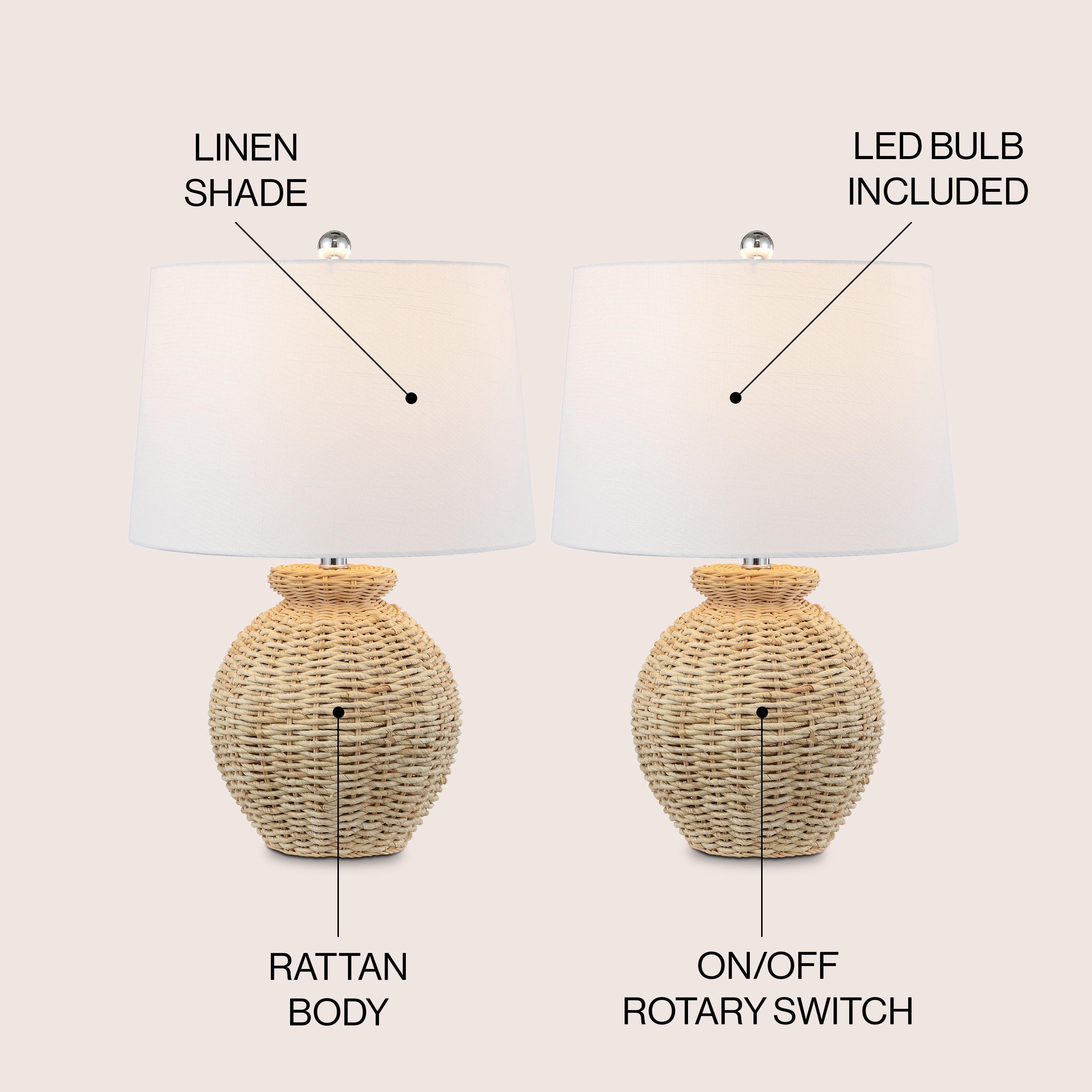 Nora 22" Woven Rattan Urn Shape Table Lamp Set with White Linen Shade