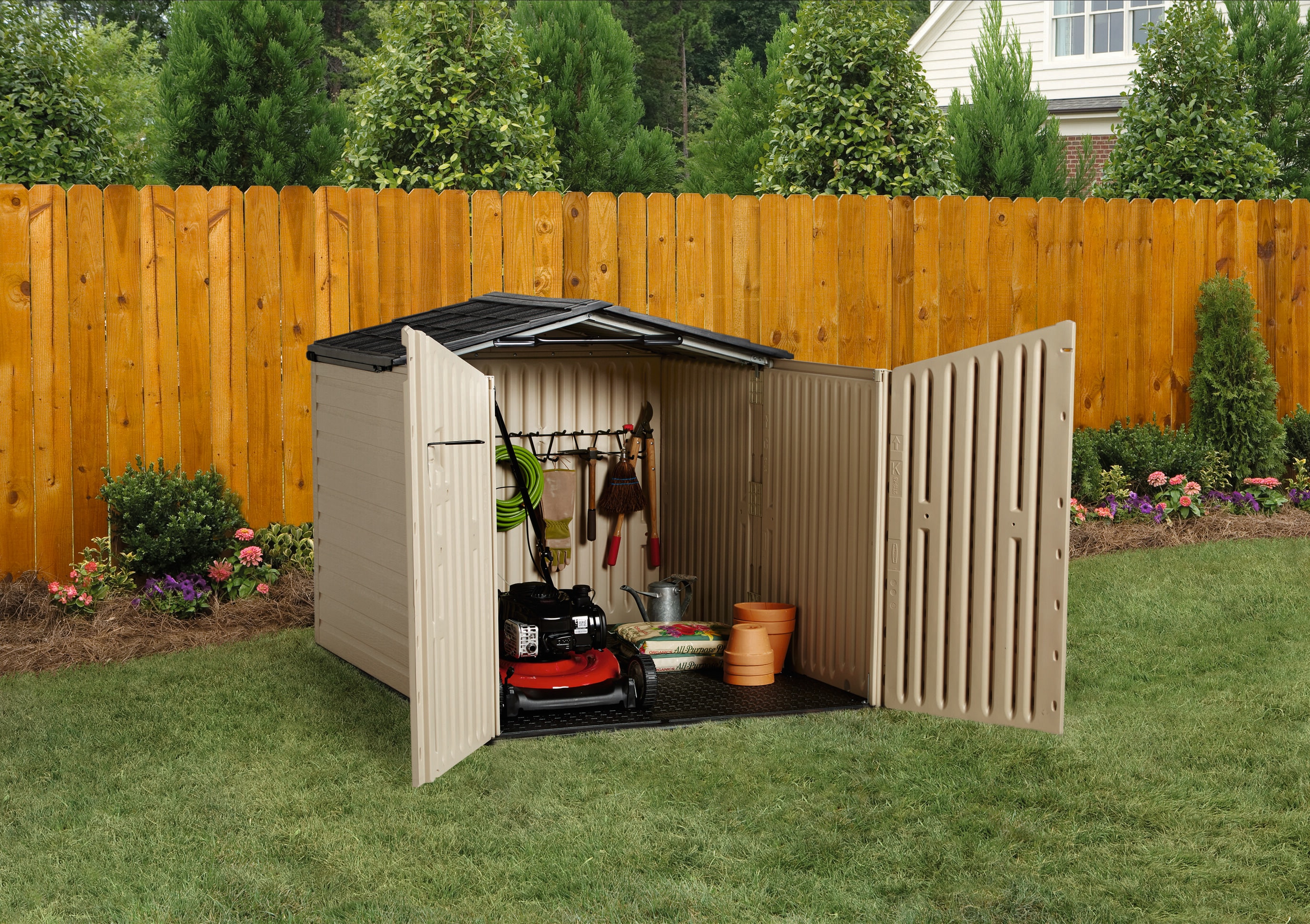 Rubbermaid Plastic Double Walled Horizontal Outdoor Storage Shed,  Sand/Brown 71691392859