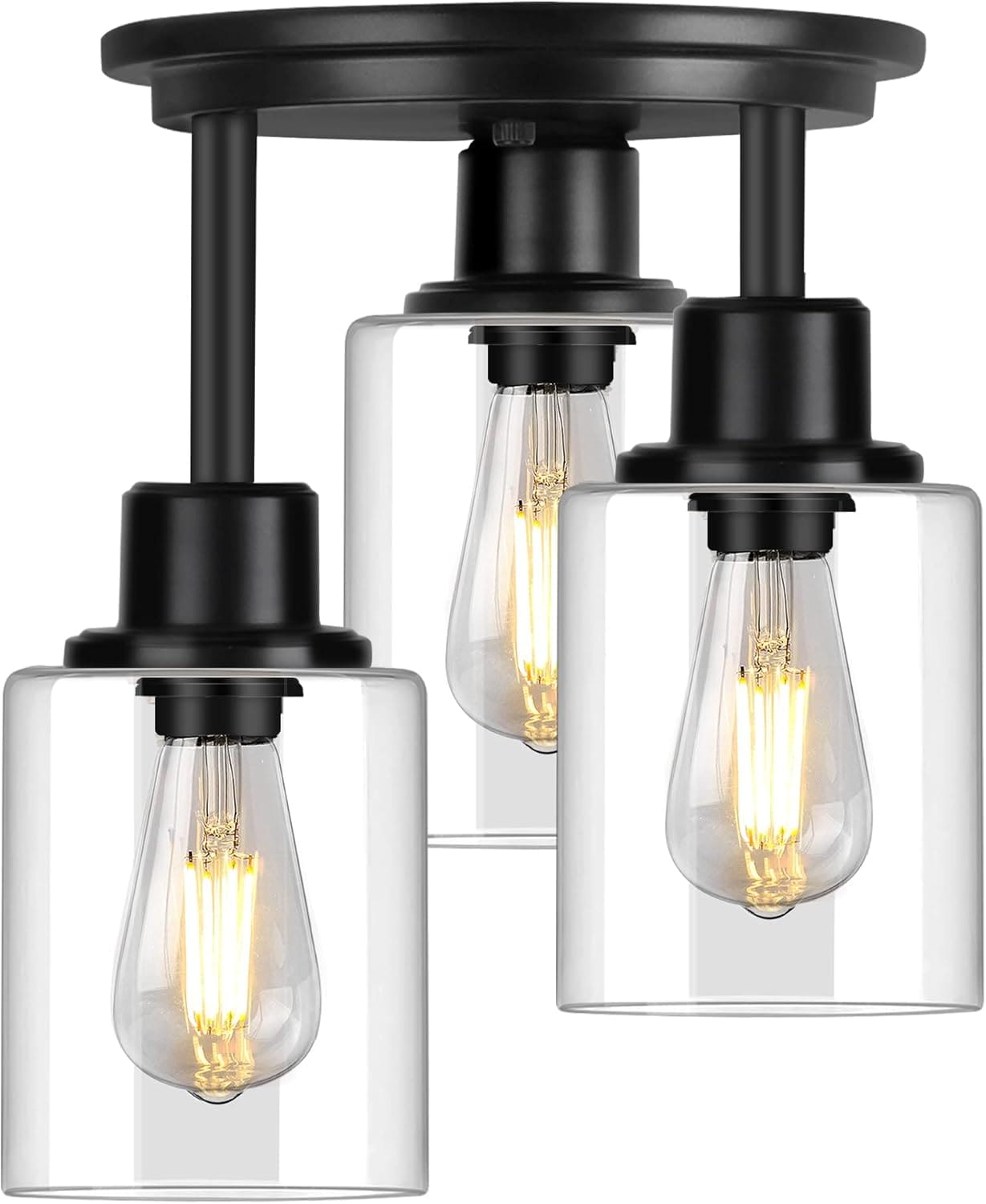 Rottogoon Semi Flush Mount Ceiling Light 3-Light Close to Ceiling Light Fixtures Matte Black Kitchen Light Fixtures with Clear Glass Shades Hallway Light Fixtures Ceiling Mount for Foyer Entryway