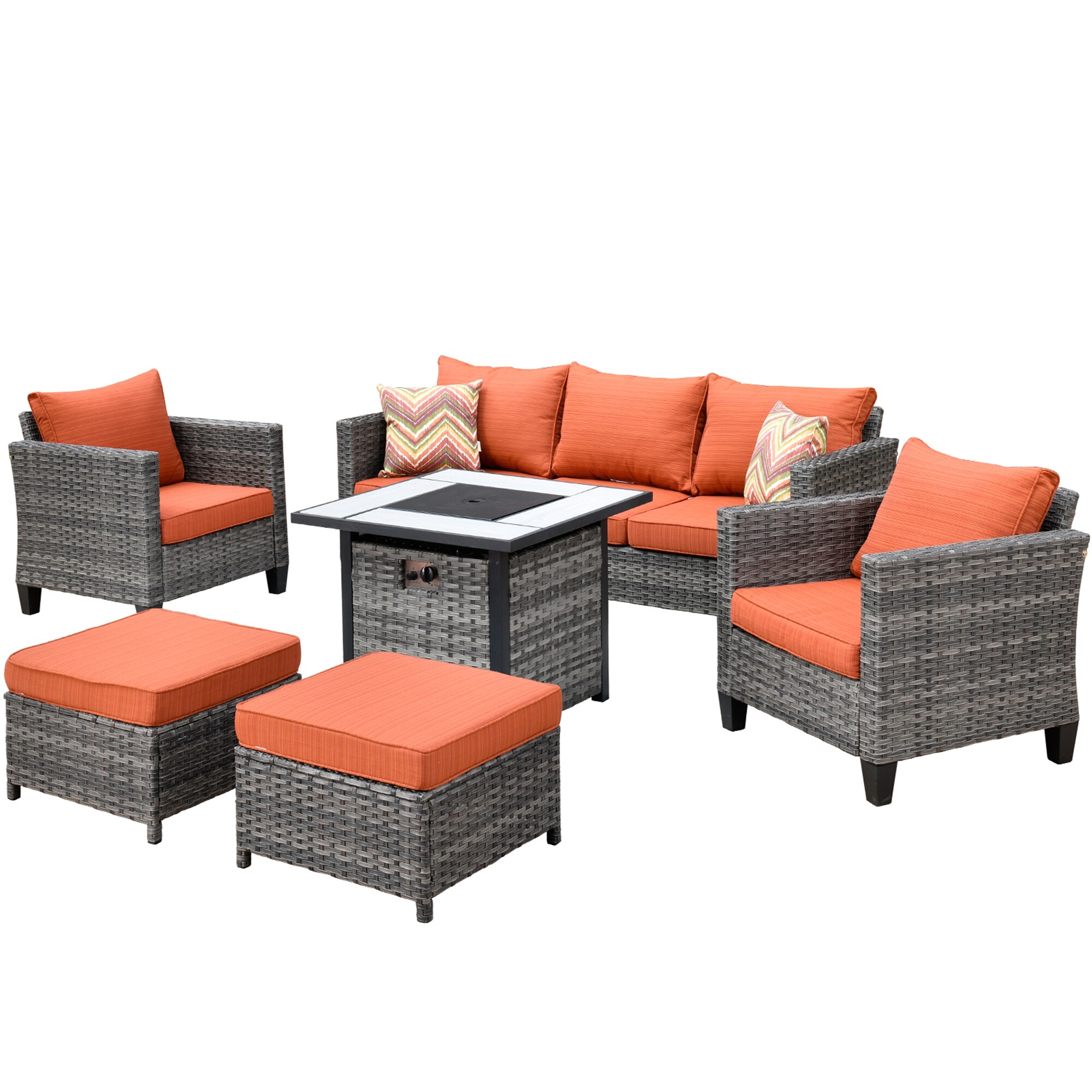 Pouuin 6-Piece Rattan Patio Conversation Set with Red Olefin Cushions ...