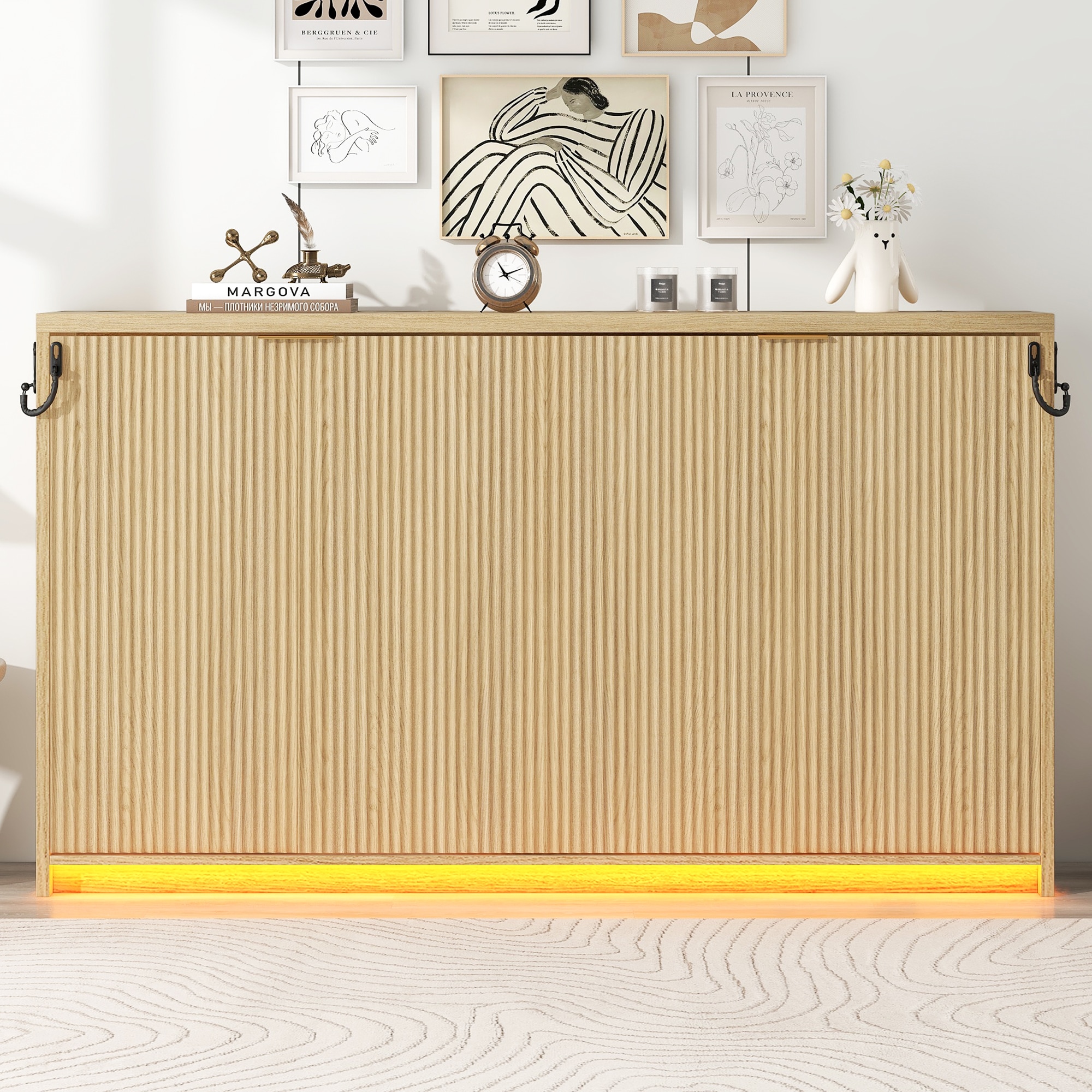 ModernLuxe L3P-N709P002050N Twin XL Size Murphy Bed with LED Light can be Folded into a Cabinet Natural