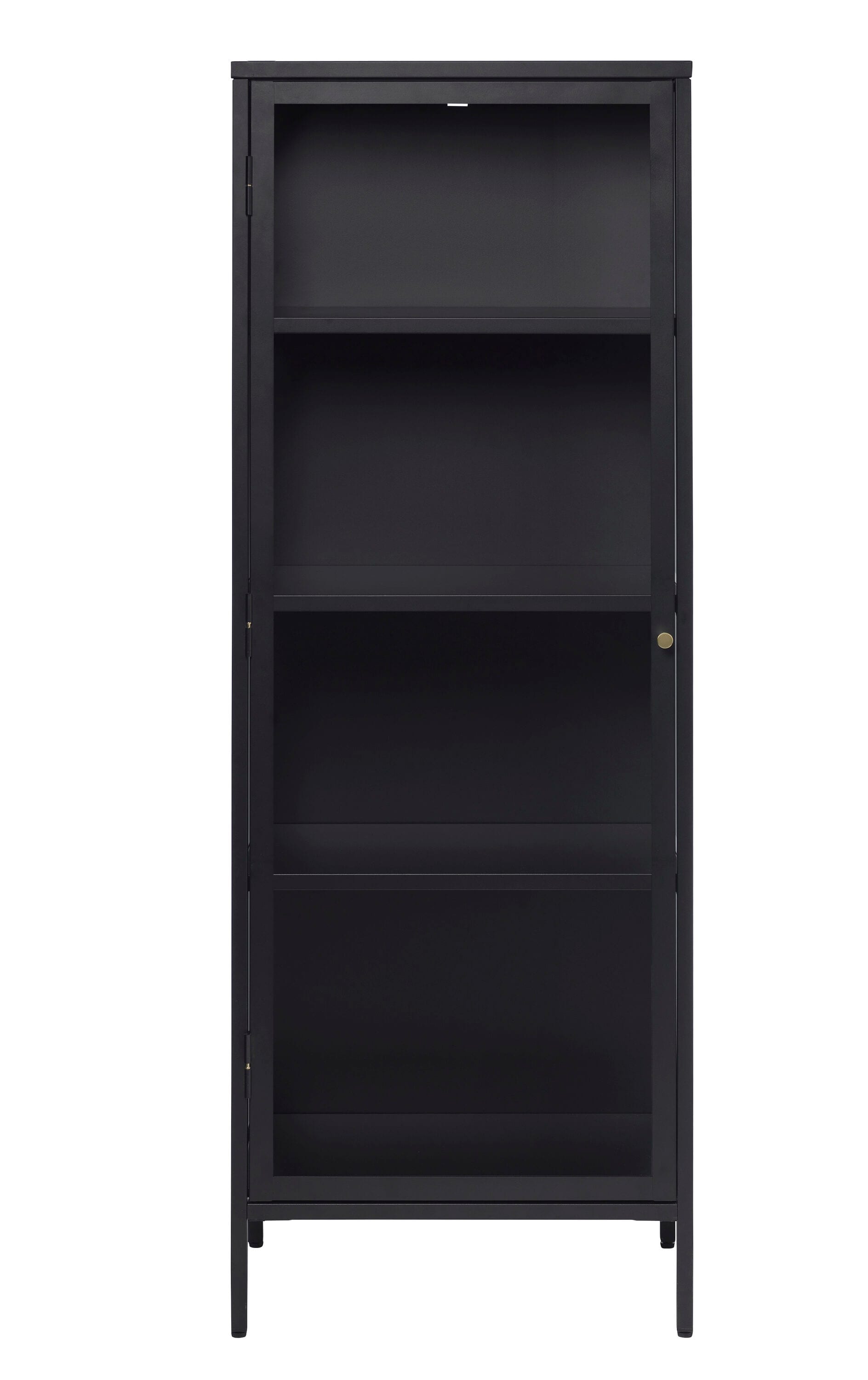 63-Inch Black Metal and Glass Display Cabinet with Brass Knobs