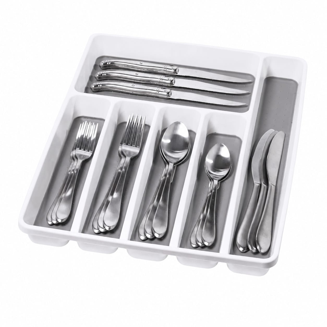Anqtovp  Premium Silverware Tray Six Compartment Flatware Organizer for Forks Knives and Spoons Non Slip Soft Grip Lining Durable Drawer
