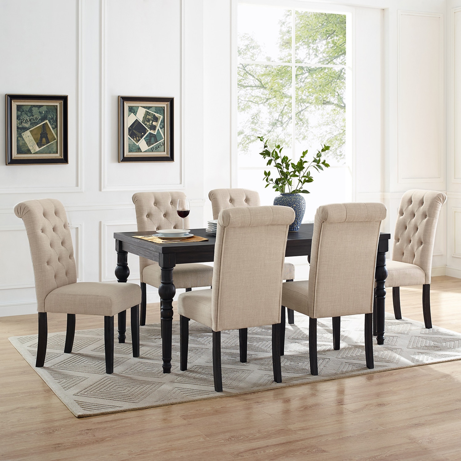GZMR GZ-N71588AAB 7-Piece Classic Dining Table Set Beige+Black Contemporary/Modern Dining Room Set with Rectangular Table ( Seats 6 )
