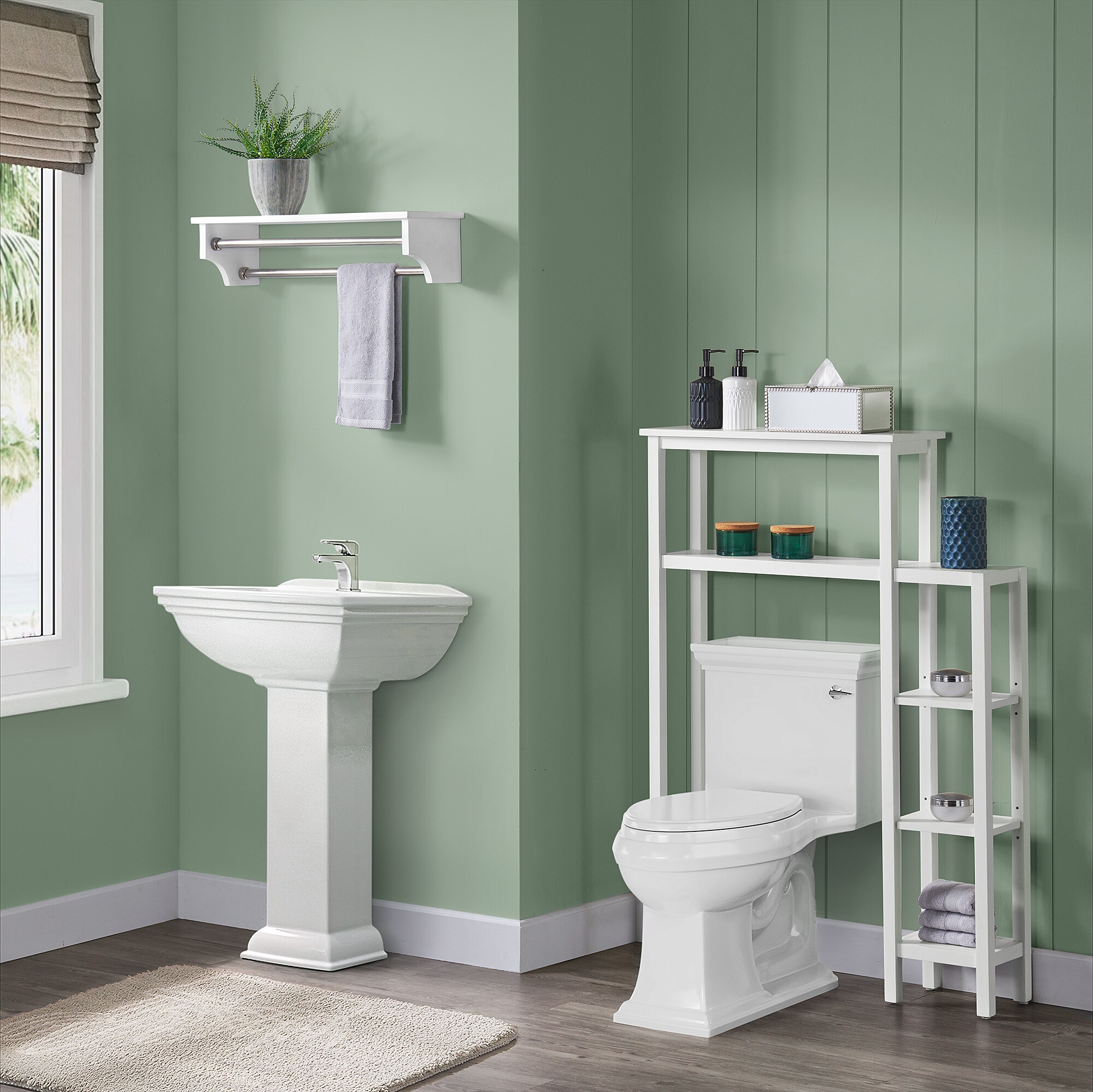 White Wood Wall Mounted Bathroom Storage Cabinet with Towel Rod