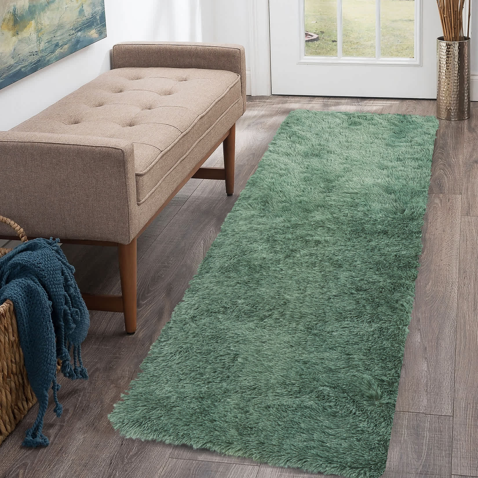 Qeetex SUNNY-PHO-0PW2377B 2 x 8 ft Polyester Turquoise Rectangular Indoor Solid Modern Fluffy Soft Non Slip Runner Rug