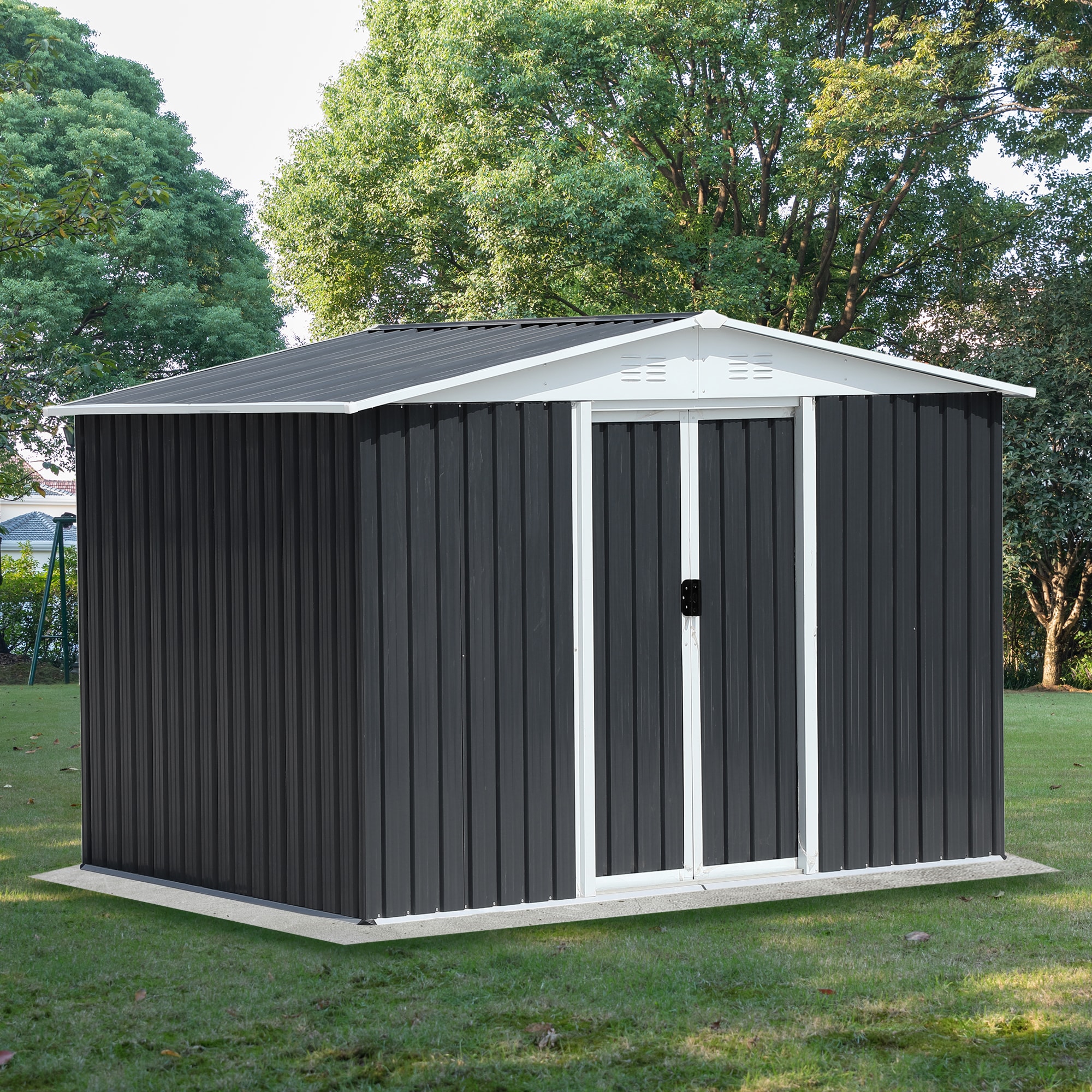 Tatayosi JL94S00001 Outdoor Storage Garden Bike Shed 8x6 Feet Apex Roof Dark Grey With Aluminum alloy frame and sliding door