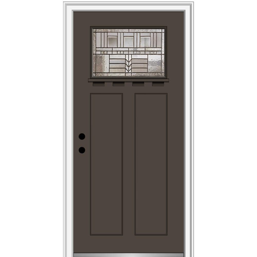 MMI DOOR ZZ3664307R 32-in x 80-in x 4-9/16-in Fiberglass Craftsman Right-hand inswing Brown Painted Prehung Front Door with Brickmould Insulating core