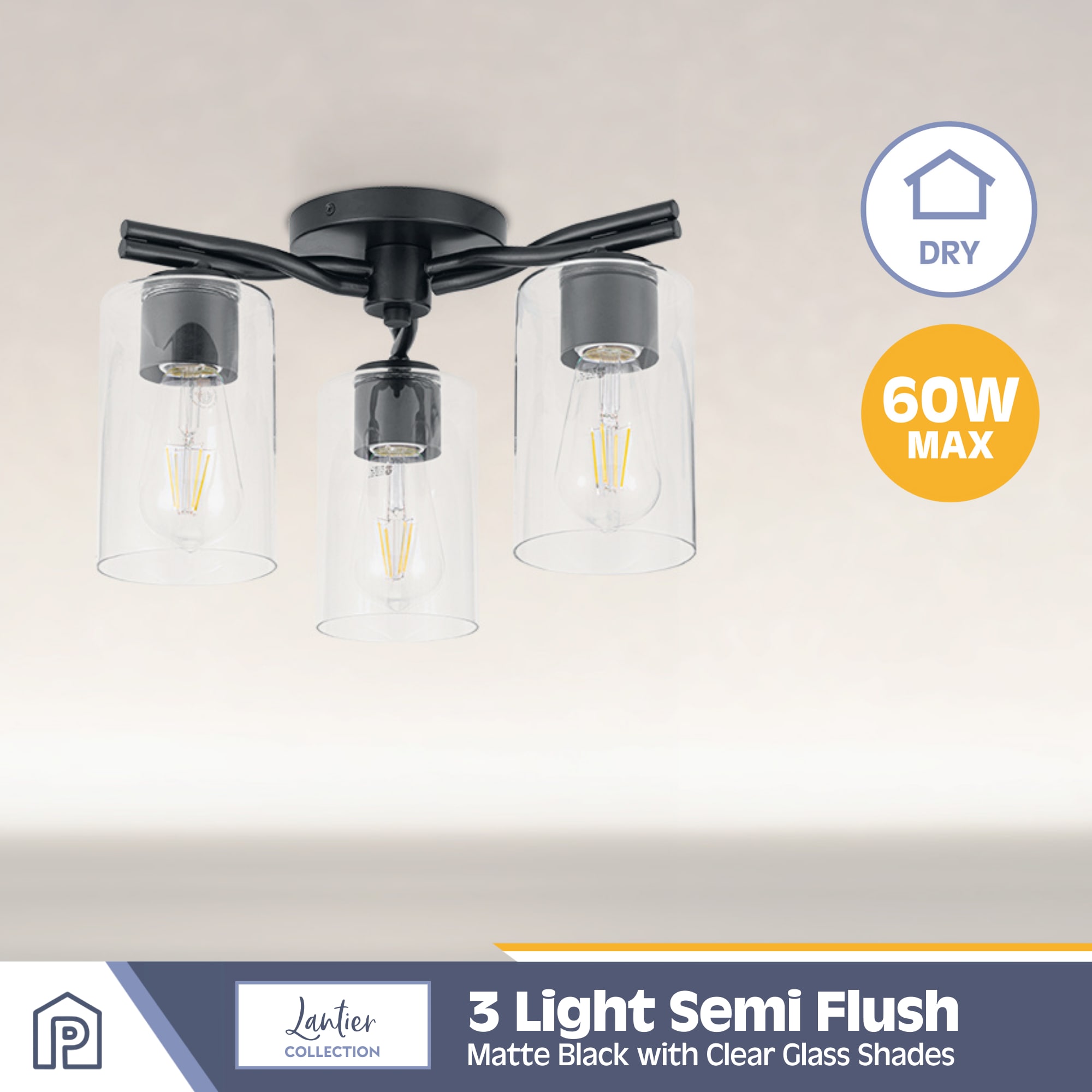 Matte Black 3-Light Semi-Flush Mount with Clear Glass Shades
