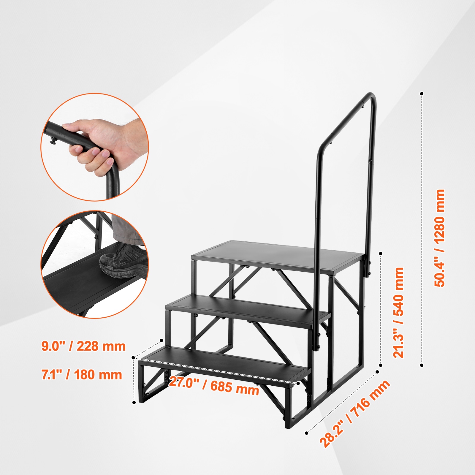 Black Carbon Steel 3-Step RV Stairs with Handrail