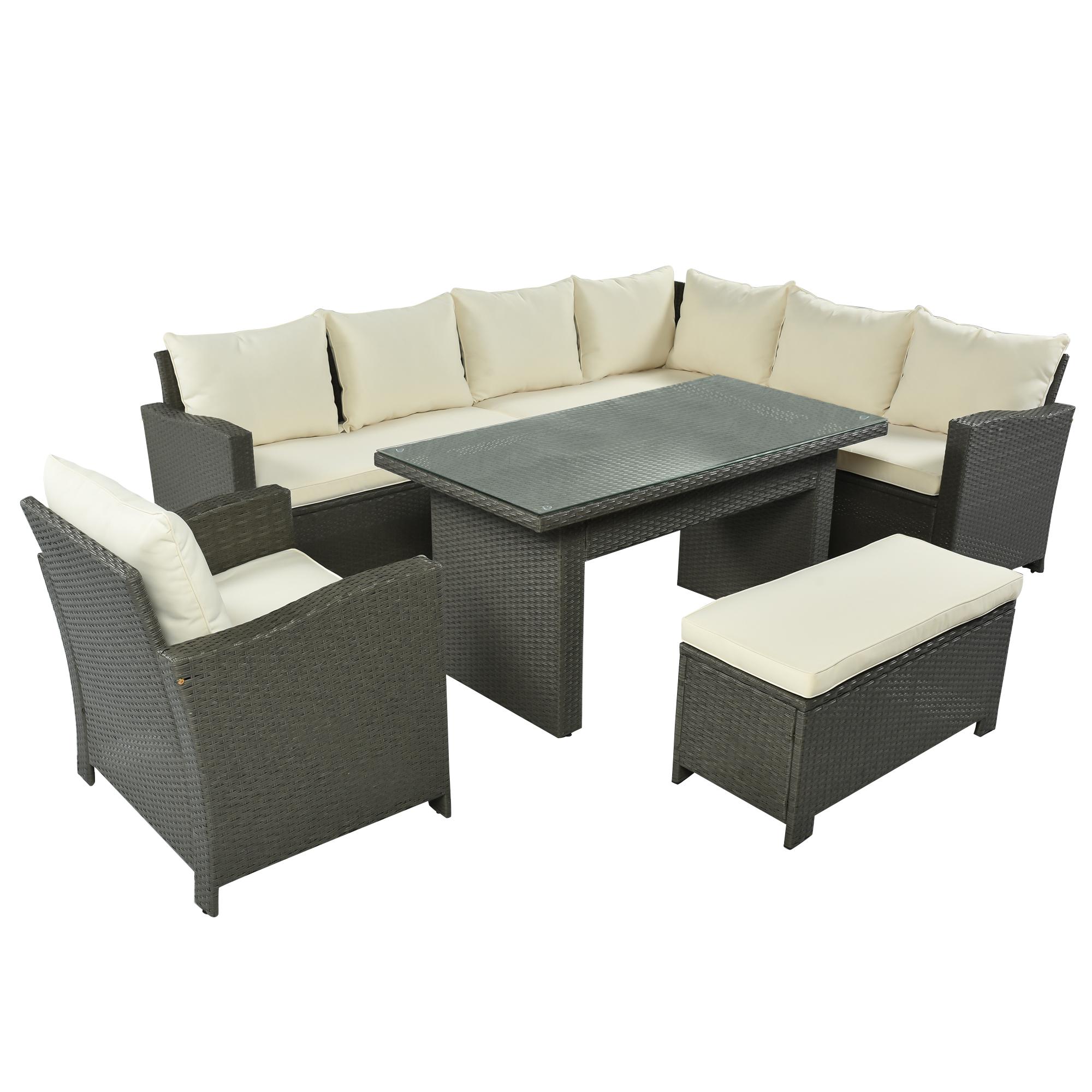 Bayfeve BFUS-262AM 6-Piece Rattan Patio Sectional Conversation Set with Beige Cushion and Dining Table