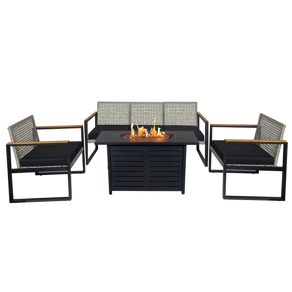 Kinger Home PFS-001-007 LOREN 5-Piece Rattan Patio Sofa Conversation Set with Black Cushions