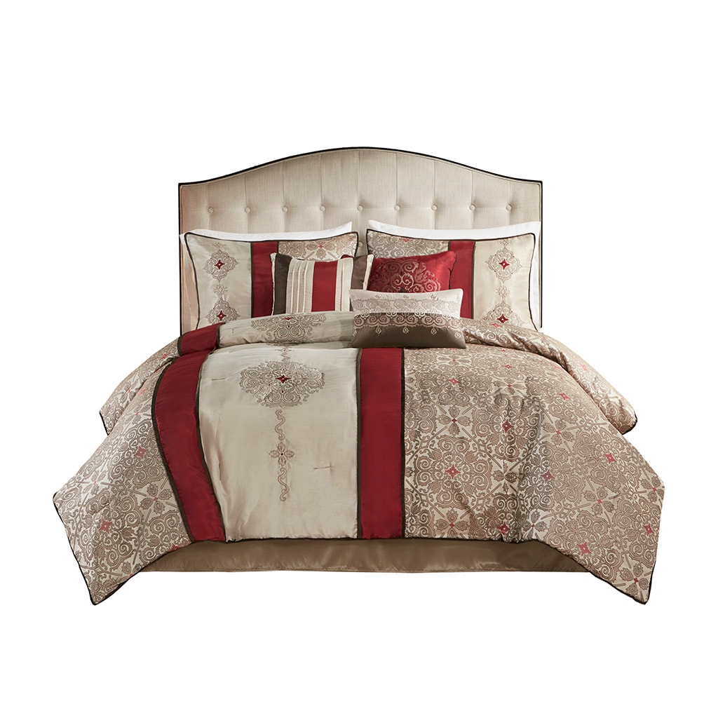 Gracie Mills 157-01PM Kurtis 7-Piece Red Jacquard Comforter Set with Designer Throw Pillows