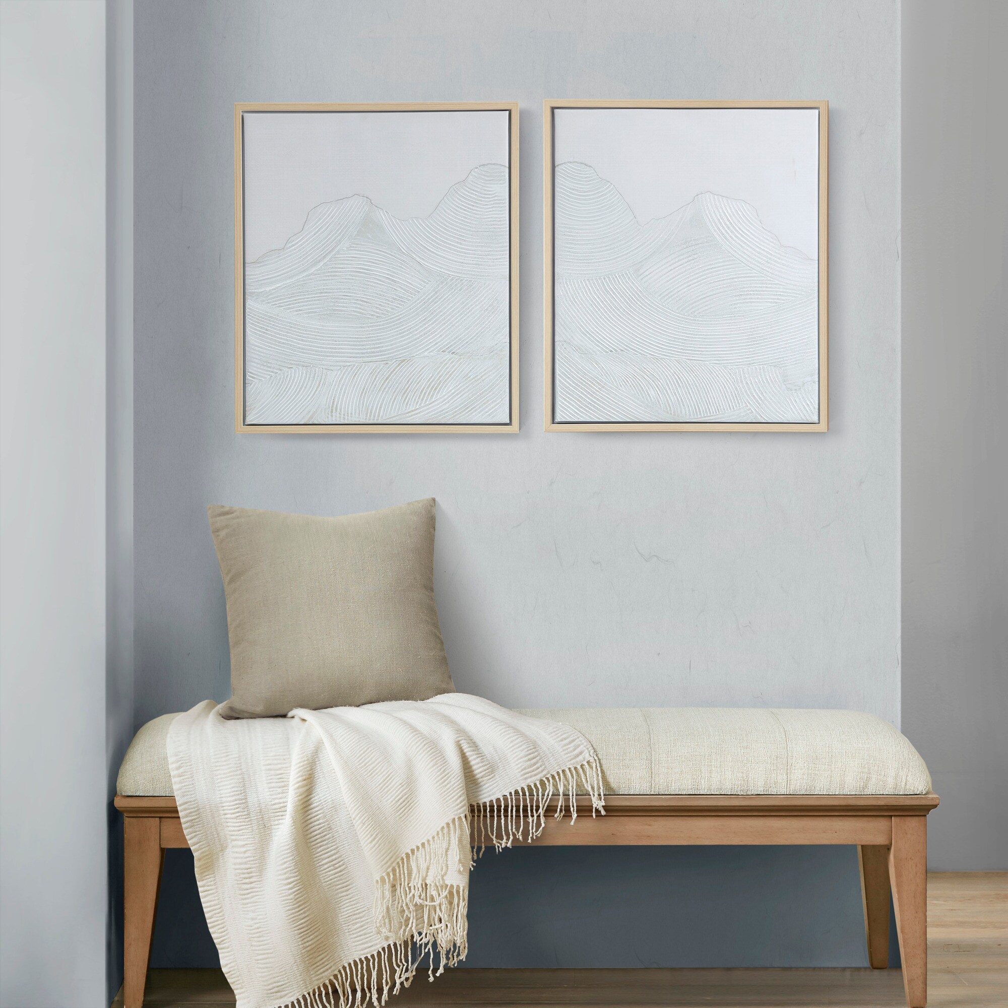 Ivory Hand Embellished Abstract Canvas Wall Art Set with Natural Wood Frame