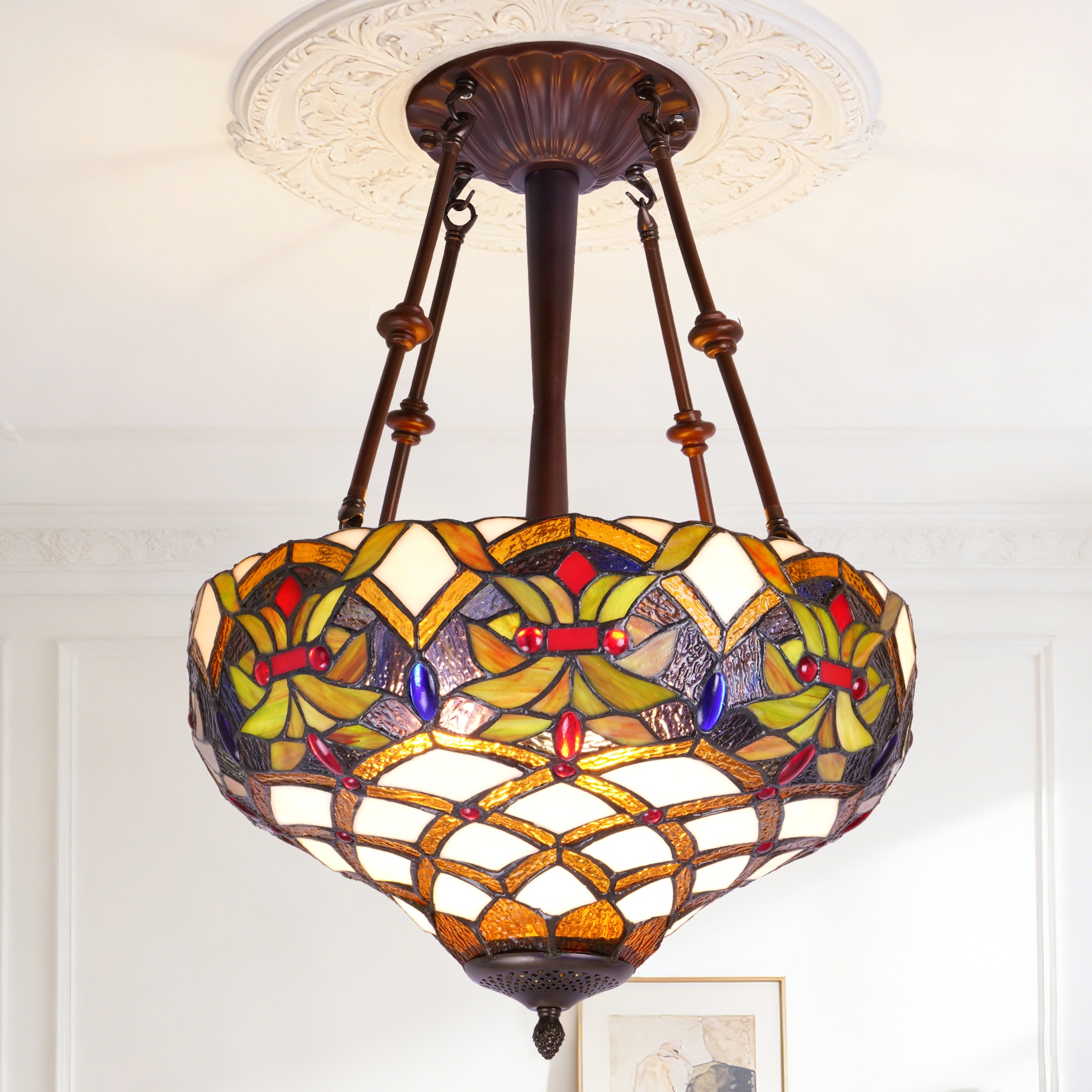 EFPERFECT 15.7-inch Tiffany-style retro diamond stained glass chandelier