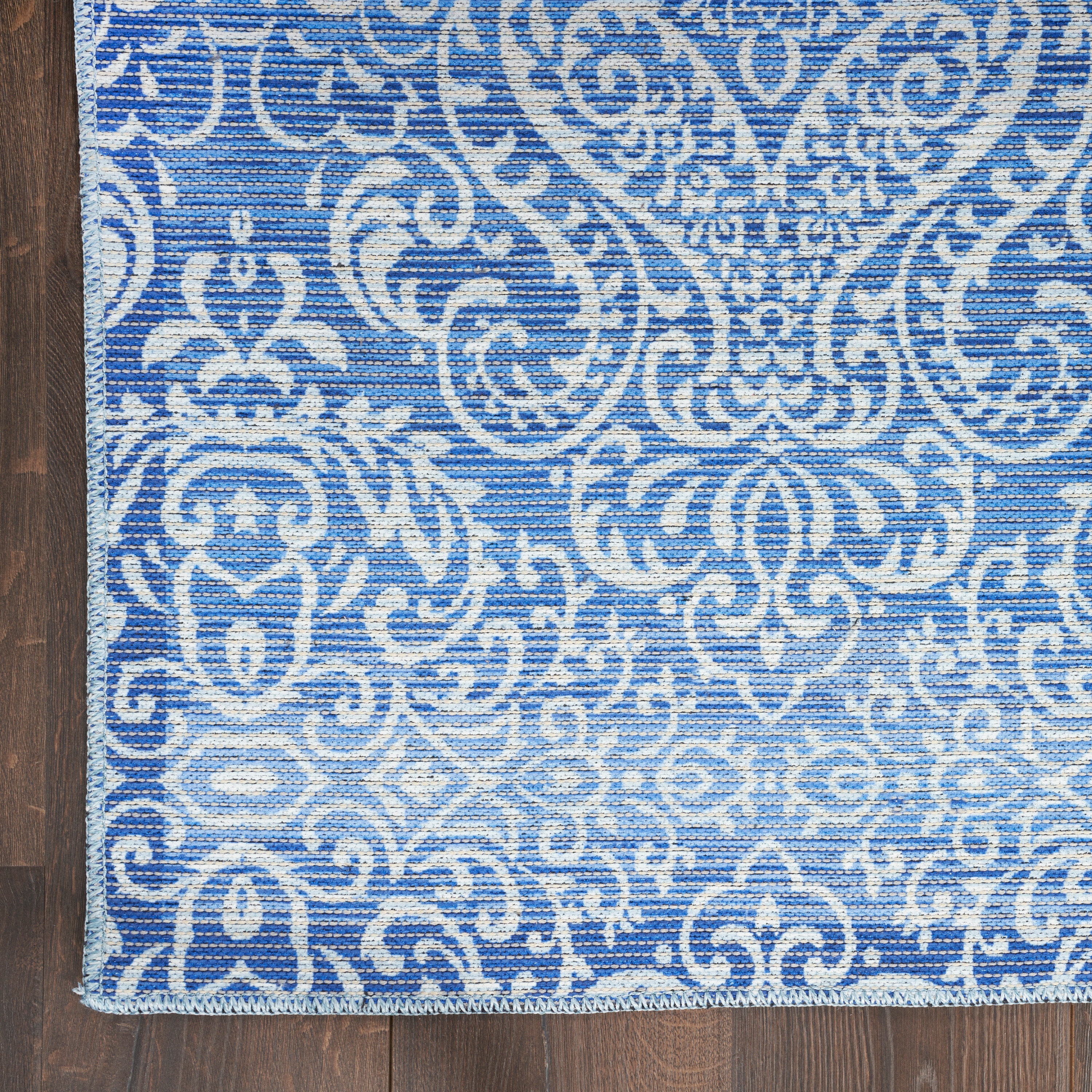 Waverly Blue Damask Washable Synthetic Area Rug, 8' x 10'