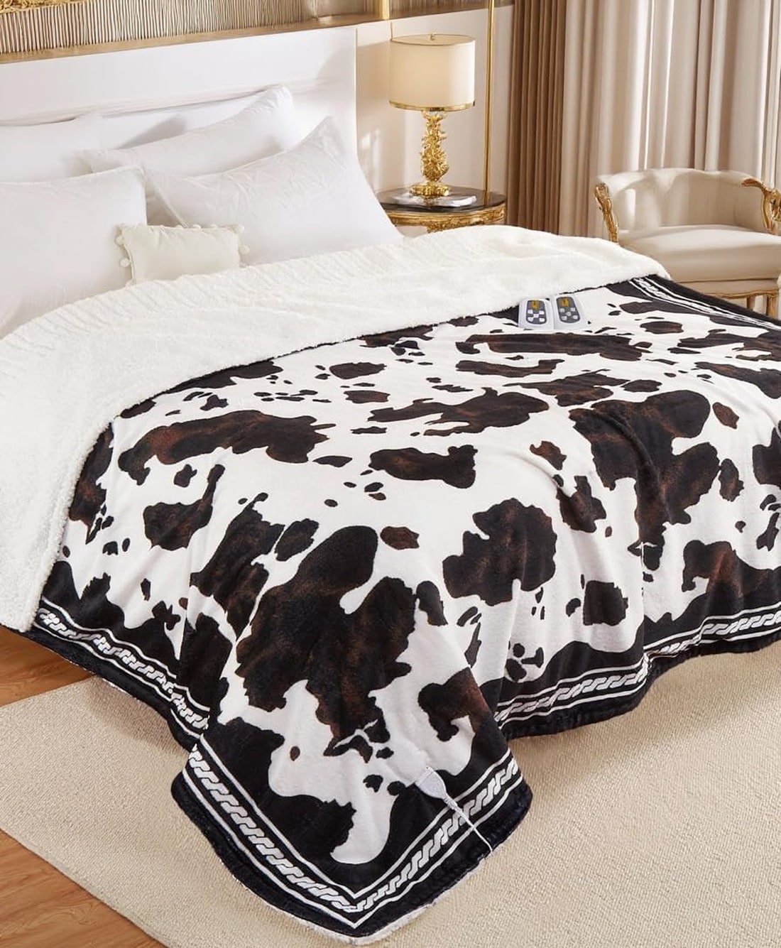 GAOMON King 100x90in Heated Blanket Cow Print Electric Blanket Dual Controller 10 Heat ETL Washable