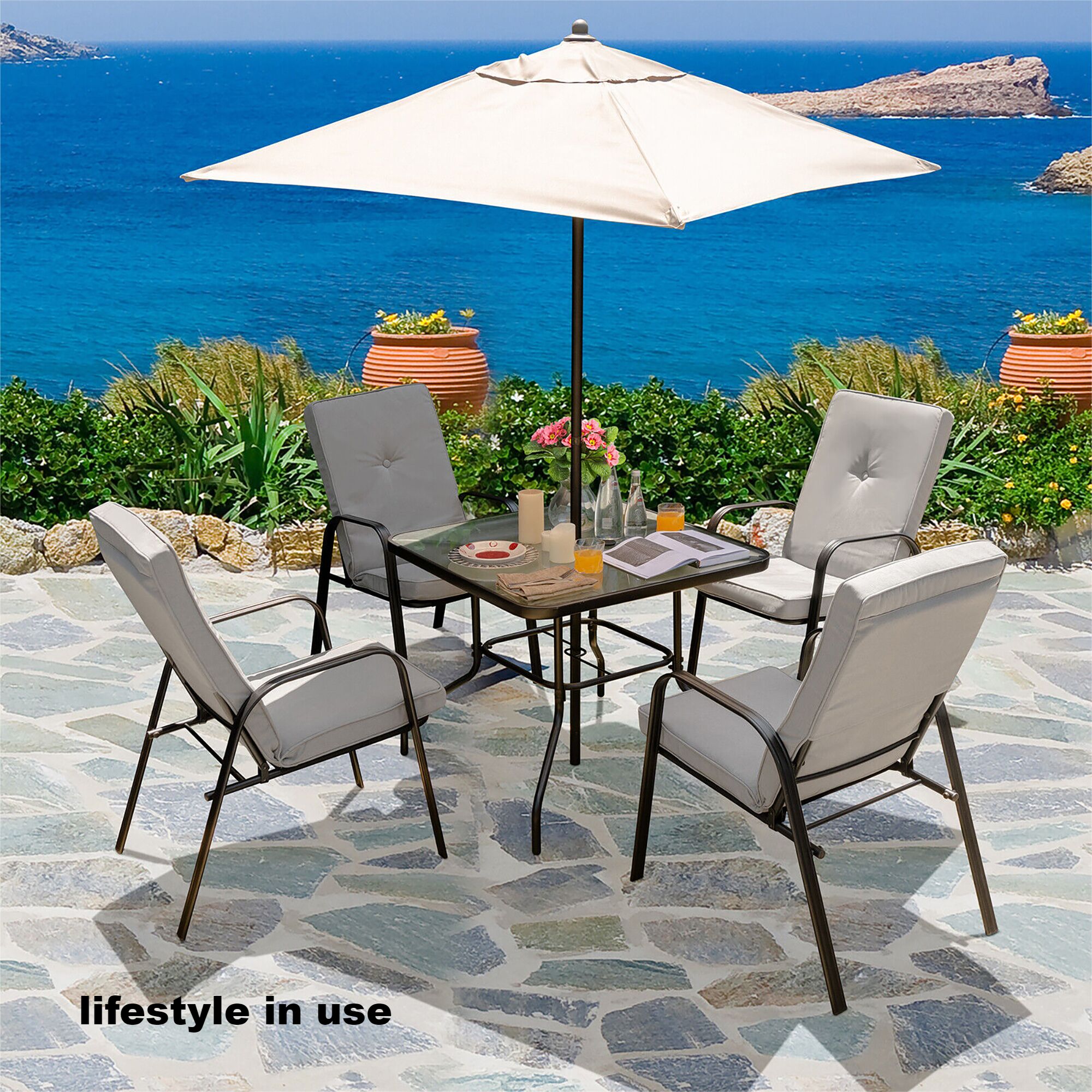 Forclover HYFW-405GR+ Cushioned Chair Set 6 -Piece Black Frame Patio Dining Set Steel Square Table with 4 Gray Cushions Stackable Stationary Chairs