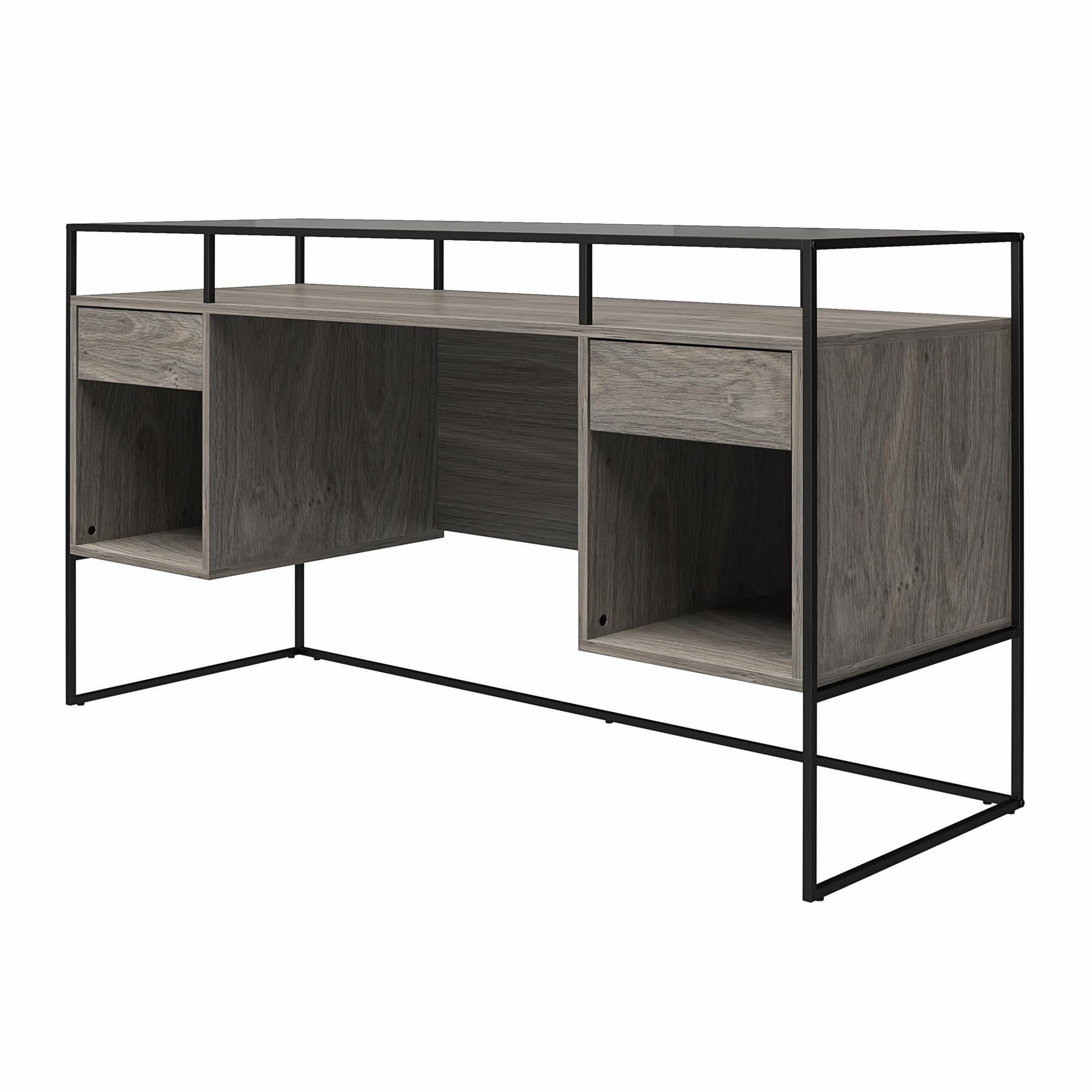 Gray Oak and Glass Modern Desk with Drawers