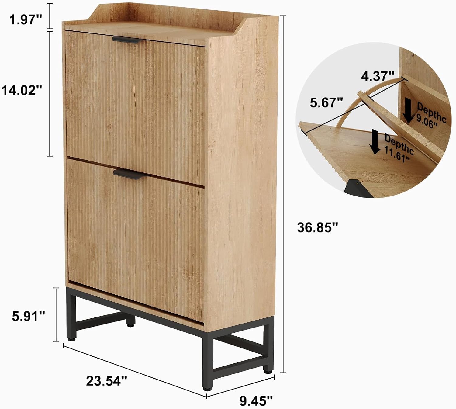 Qeetex MIE-PHO-357FFNSL Fluted Shoe Storage Cabinet for Entryway with 2 Flip Drawers 235 inch Wood Narrow Hidden Shoe Rack Cabinet with Sturdy Metal Legs for Foyer Hallway Living Room Natural