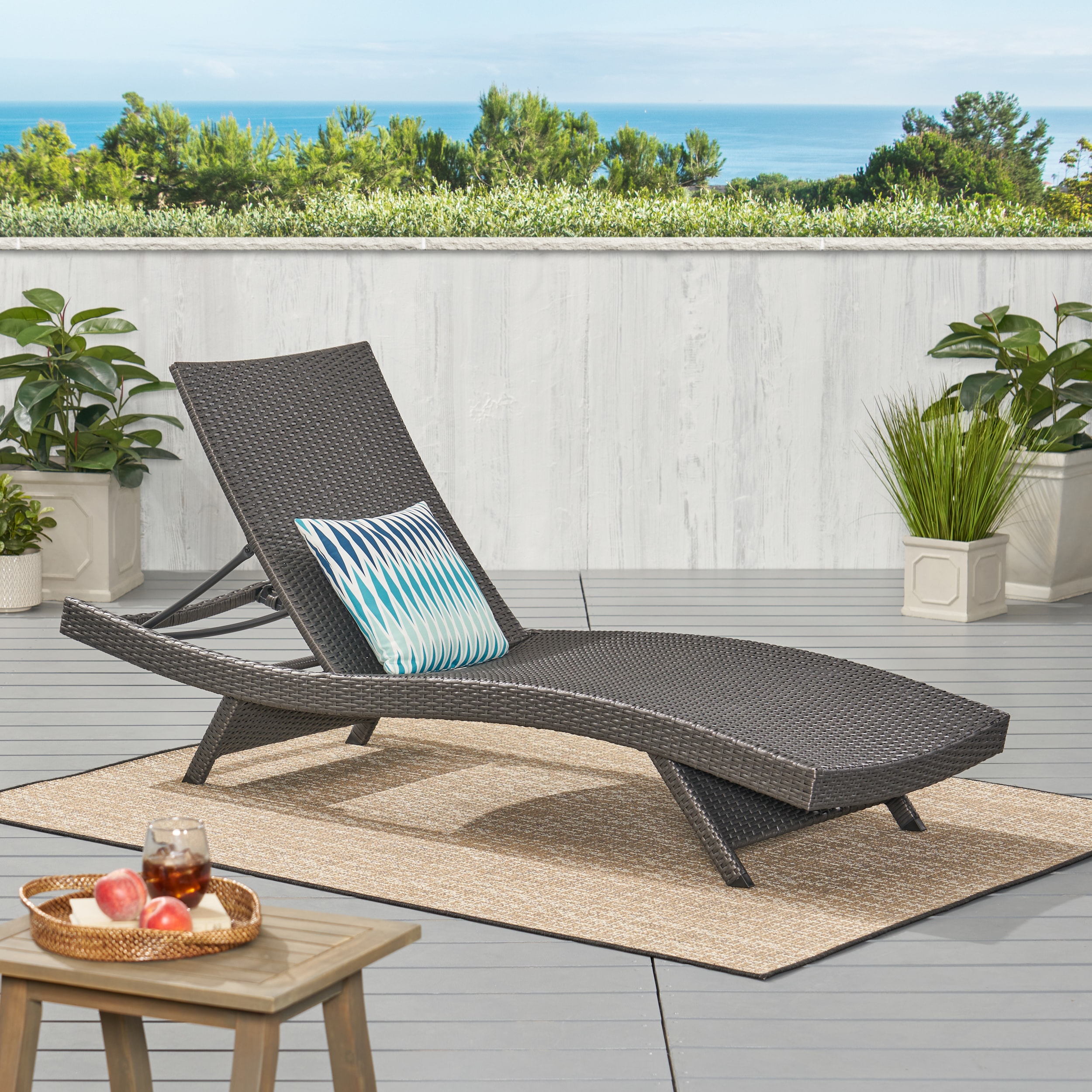 Gray Wicker Adjustable Outdoor Chaise Lounge with Iron Frame