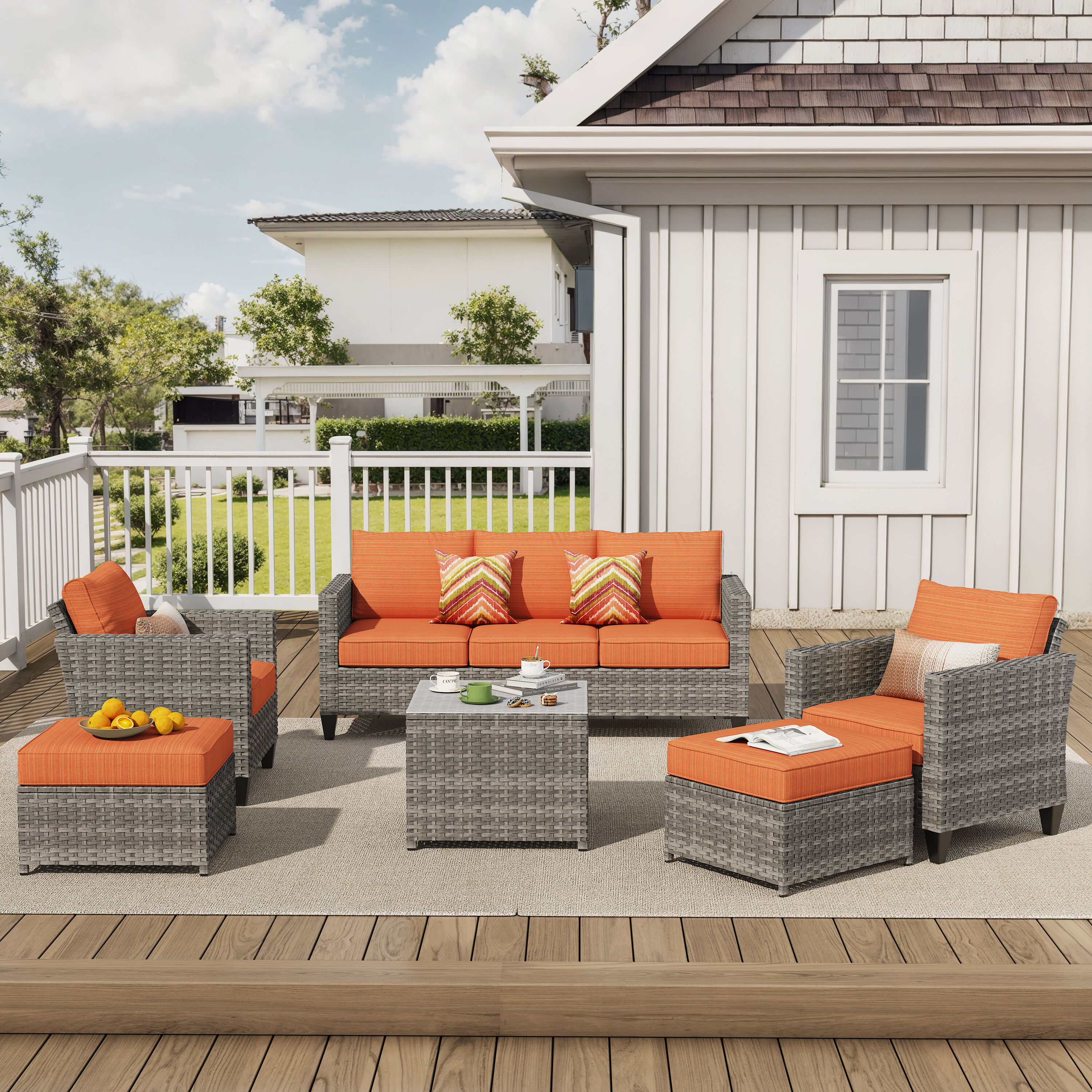 Pouuin SGRS804 6 -Piece Wicker Patio Sofa Conversation Set with Orange Cushions