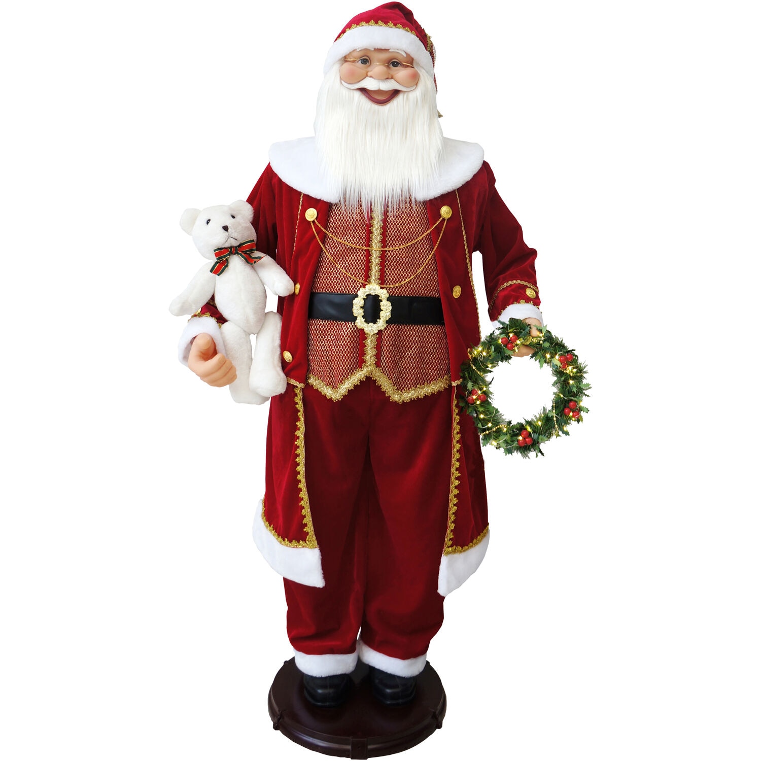 58" Red Velvet Dancing Santa with Bear and Wreath