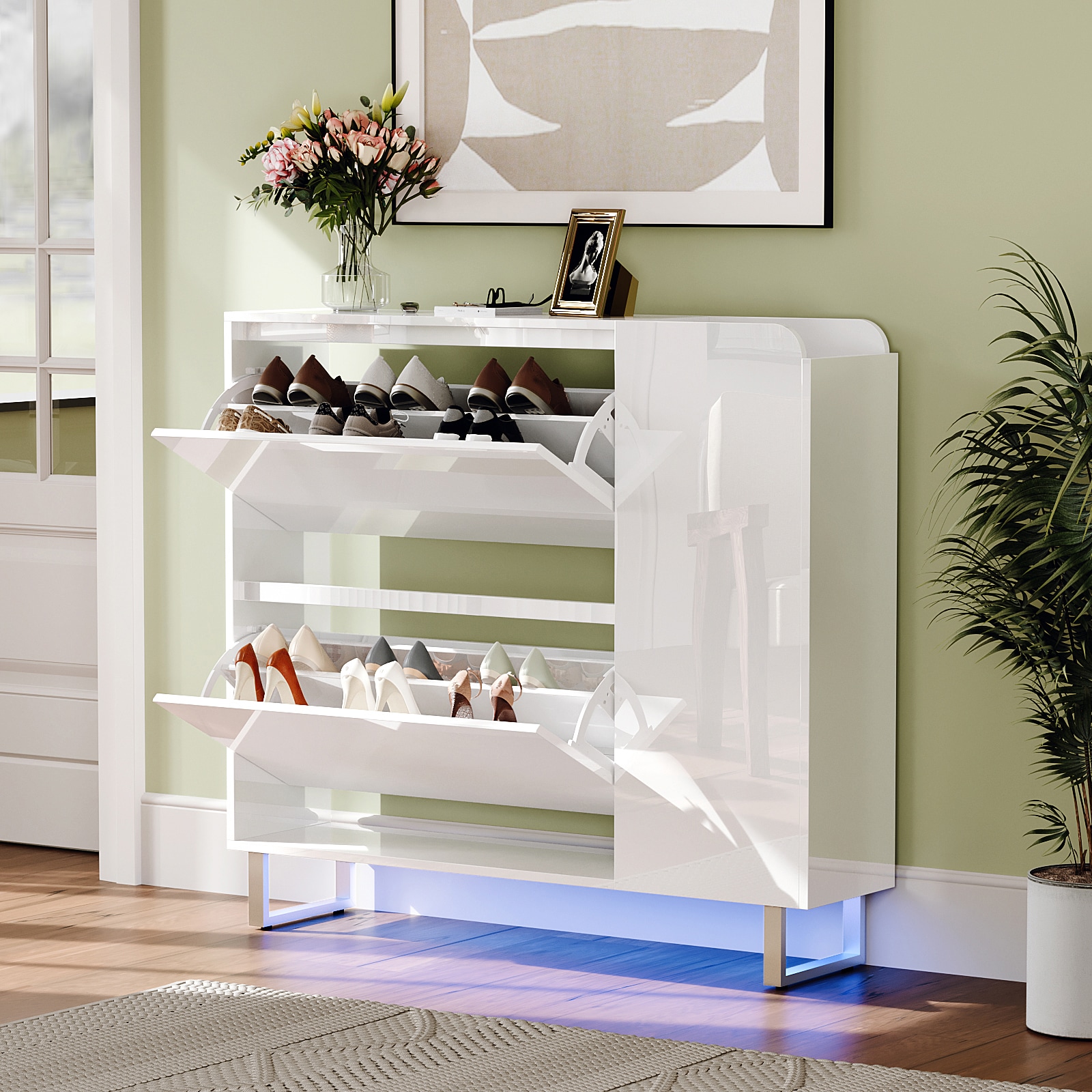 VINGLI 42W Modern High Gloss Shoe Cabinet with LED Lights/Narrow Shoe Storage Organizer with 2 Flip Drawers and Side Cabinet for Tall Boots White