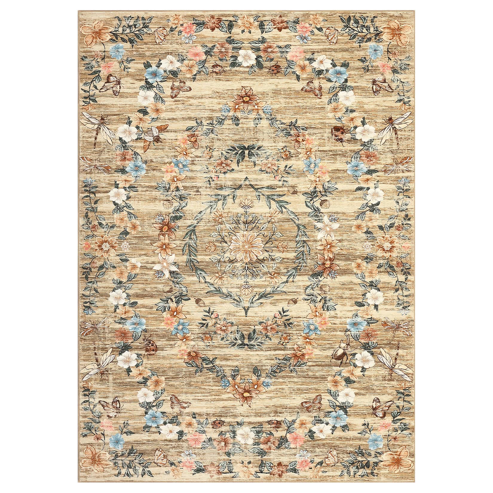 Qeetex LSN-PHK-34BN9JSE 8 x 11 ft Polyester Brown Rectangular Hallway Bathroom Entryway Kitchen Office Foldable Flower Printed Washable Area Rug