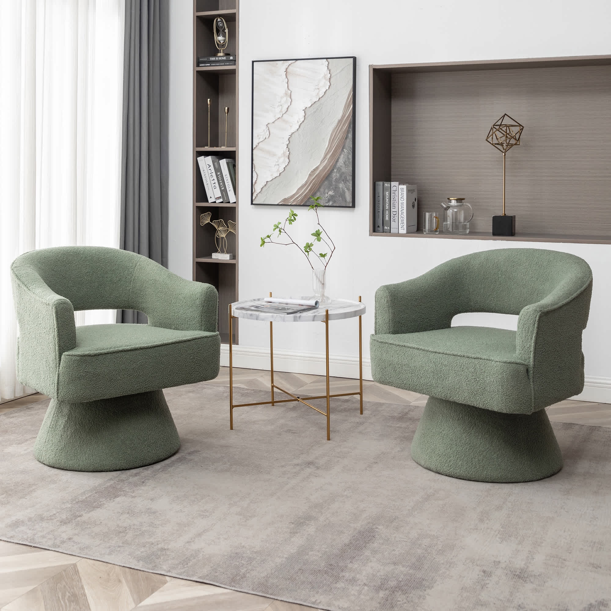 SEYNAR FJ600-GREEN-S2 Modern Glam Open Back Velvet Upholstered Round Swivel Accent Arm Barrel Chair for Living Room Set of 2