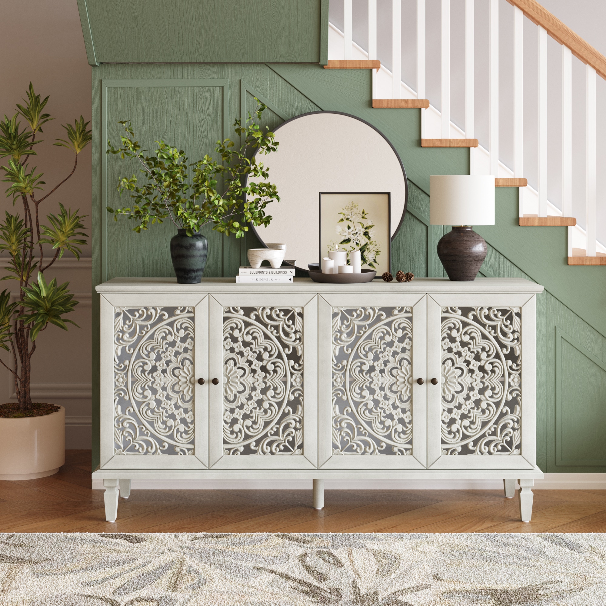 GDFStudio - 60 Inches Antique Buffet Cabinet with Floral Carvings with Solid Wood LegsandAntique ...