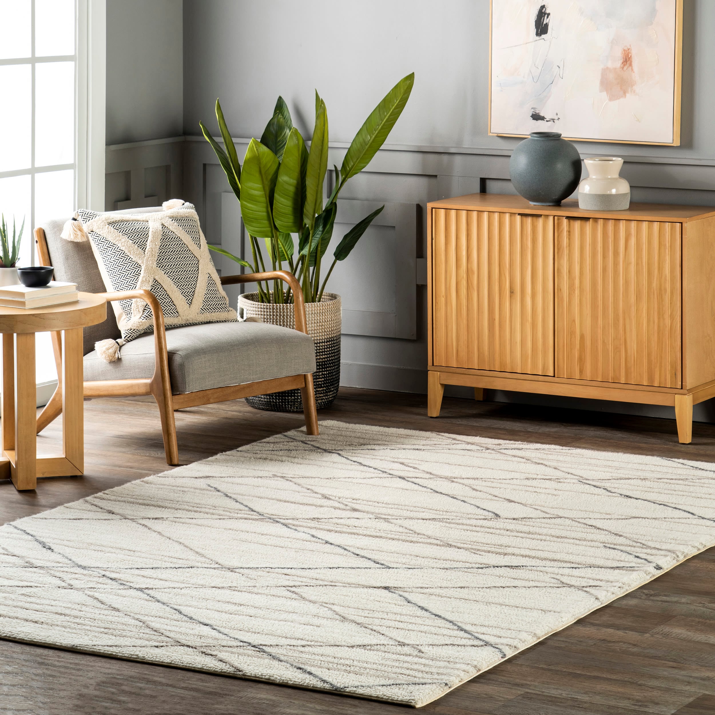 Ivory and Gray Stripe Wool 4' x 6' Washable Area Rug