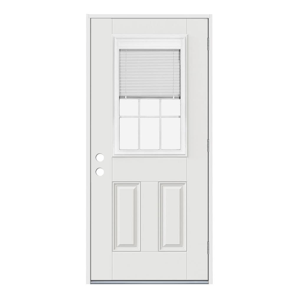 32-in x 80-in Steel Half Lite Left-Hand Outswing Primed Prehung Single Front Door Insulating Core with Blinds in Off-White | - JELD-WEN JW228500010