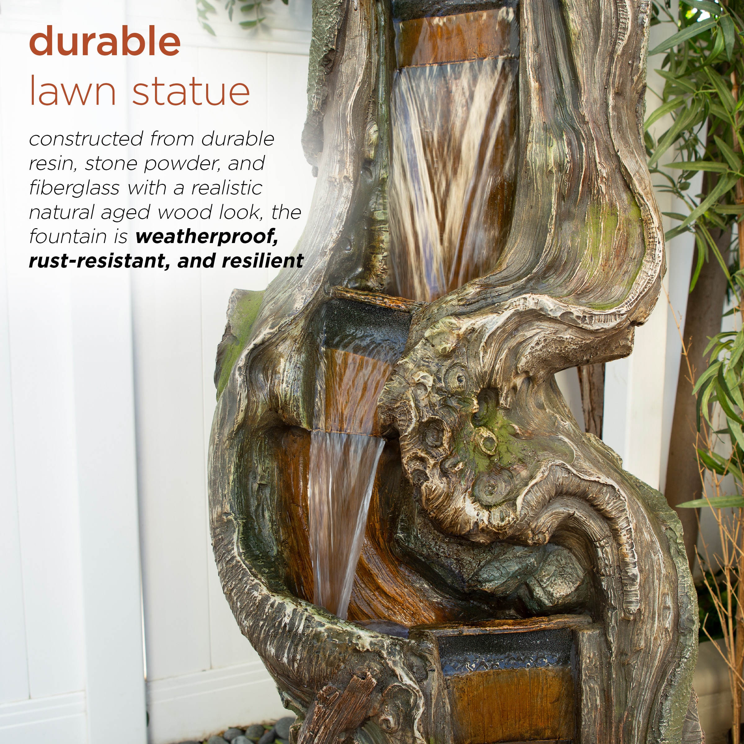 79" Natural Wood Look Resin Tiered Fountain with LED Lights
