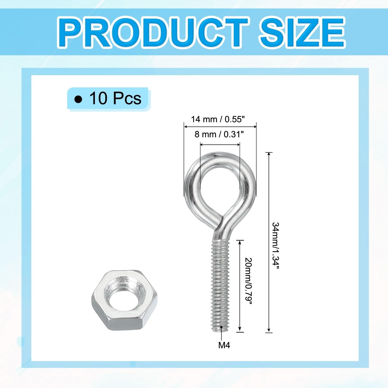 Etokfoks  Silver Zinc Plated M4x20mm Eye Bolts 10 Pack Carbon Steel Wear Resistant for Hanging Cables